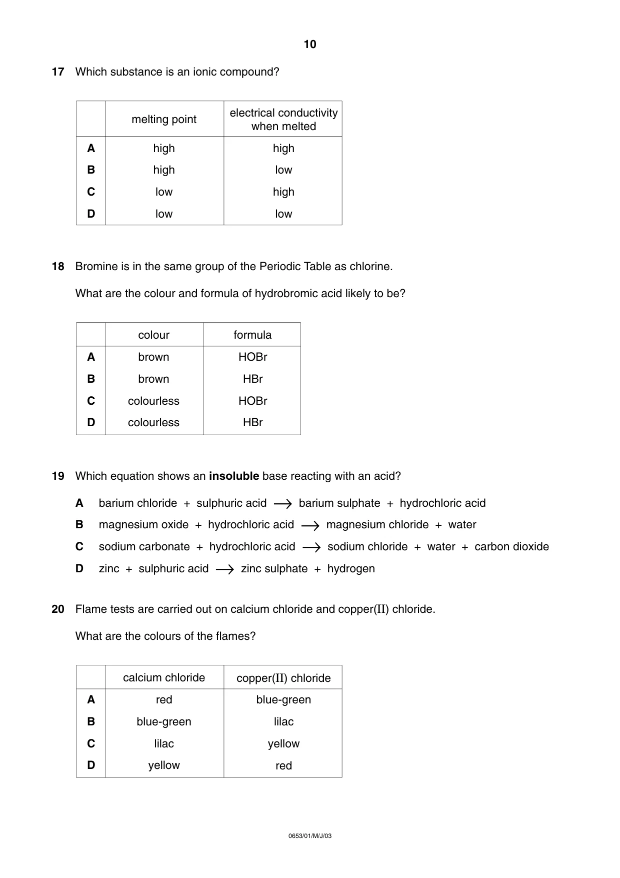 Cambridge IGCSE Science - Combined 0653 2003 May/June Paper 1 · Variant 1 question paper, page 10 of 20