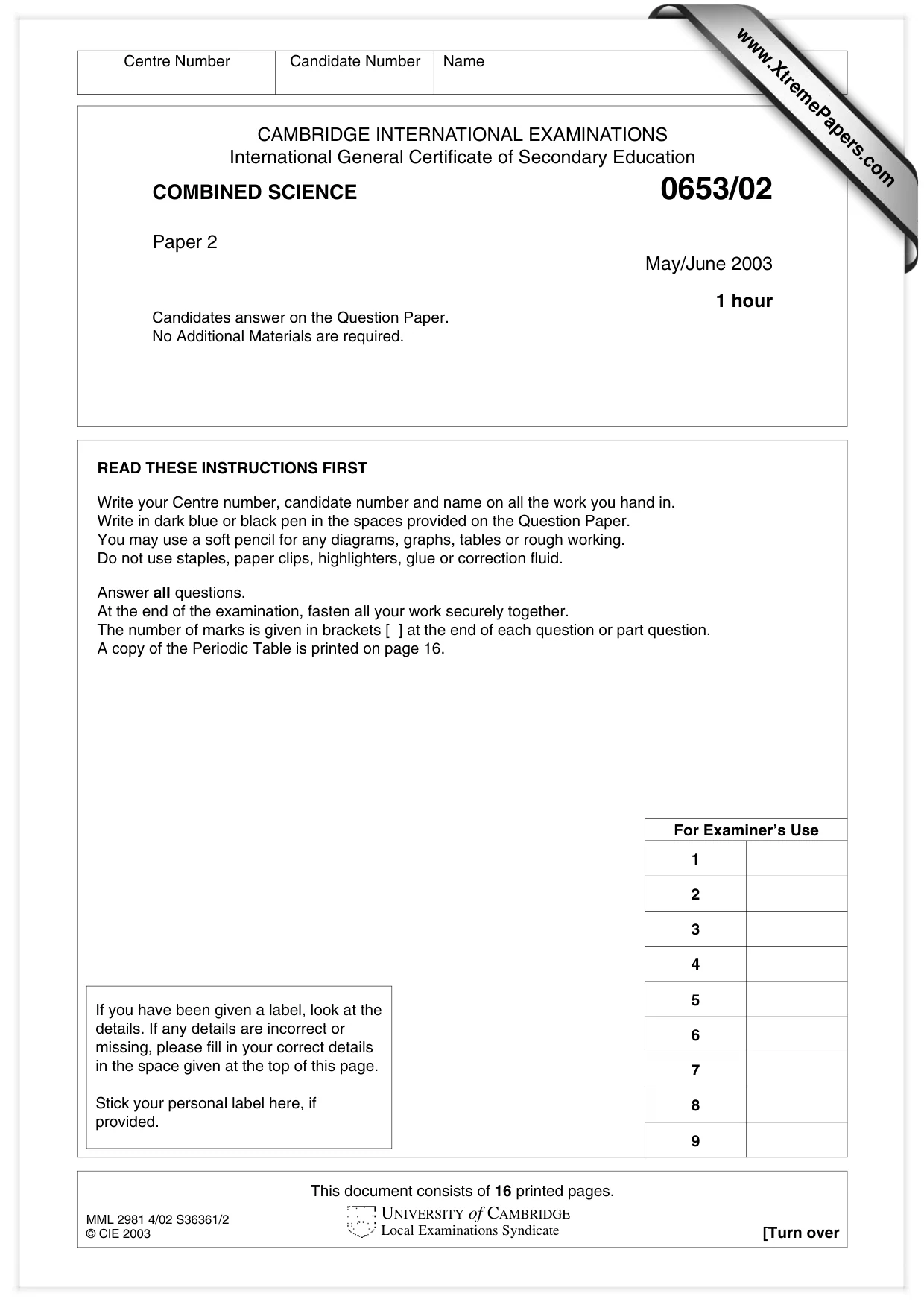 Cambridge IGCSE Science - Combined 0653 2003 May/June Paper 2 · Variant 1 question paper, page 1 of 16