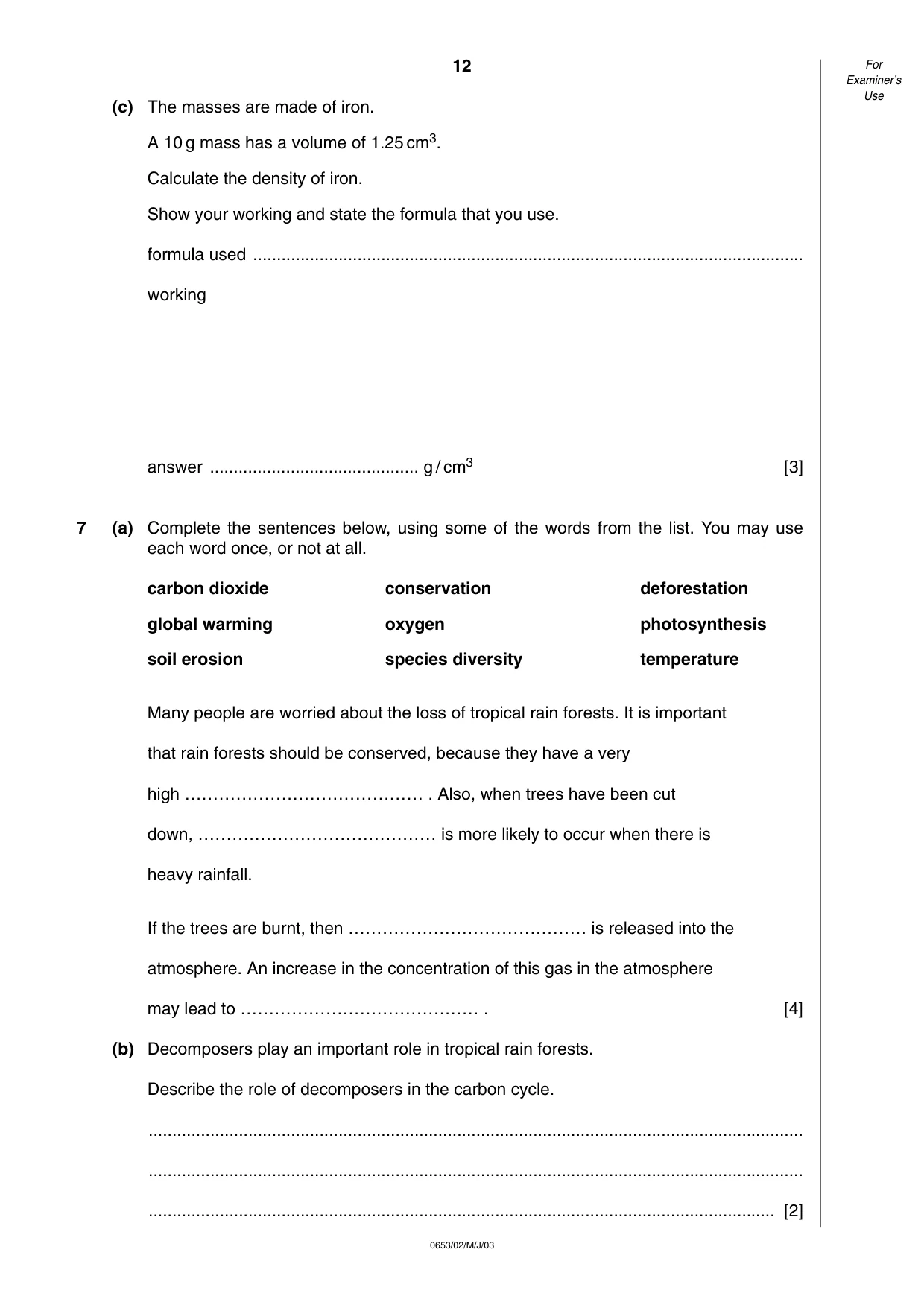 Cambridge IGCSE Science - Combined 0653 2003 May/June Paper 2 · Variant 1 question paper, page 12 of 16