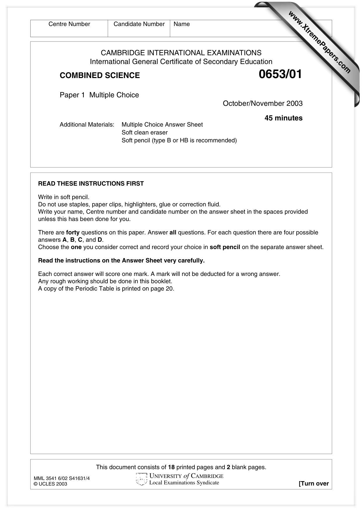 Cambridge IGCSE Science - Combined 0653 2003 Oct/Nov Paper 1 · Variant 1 question paper, page 1 of 20