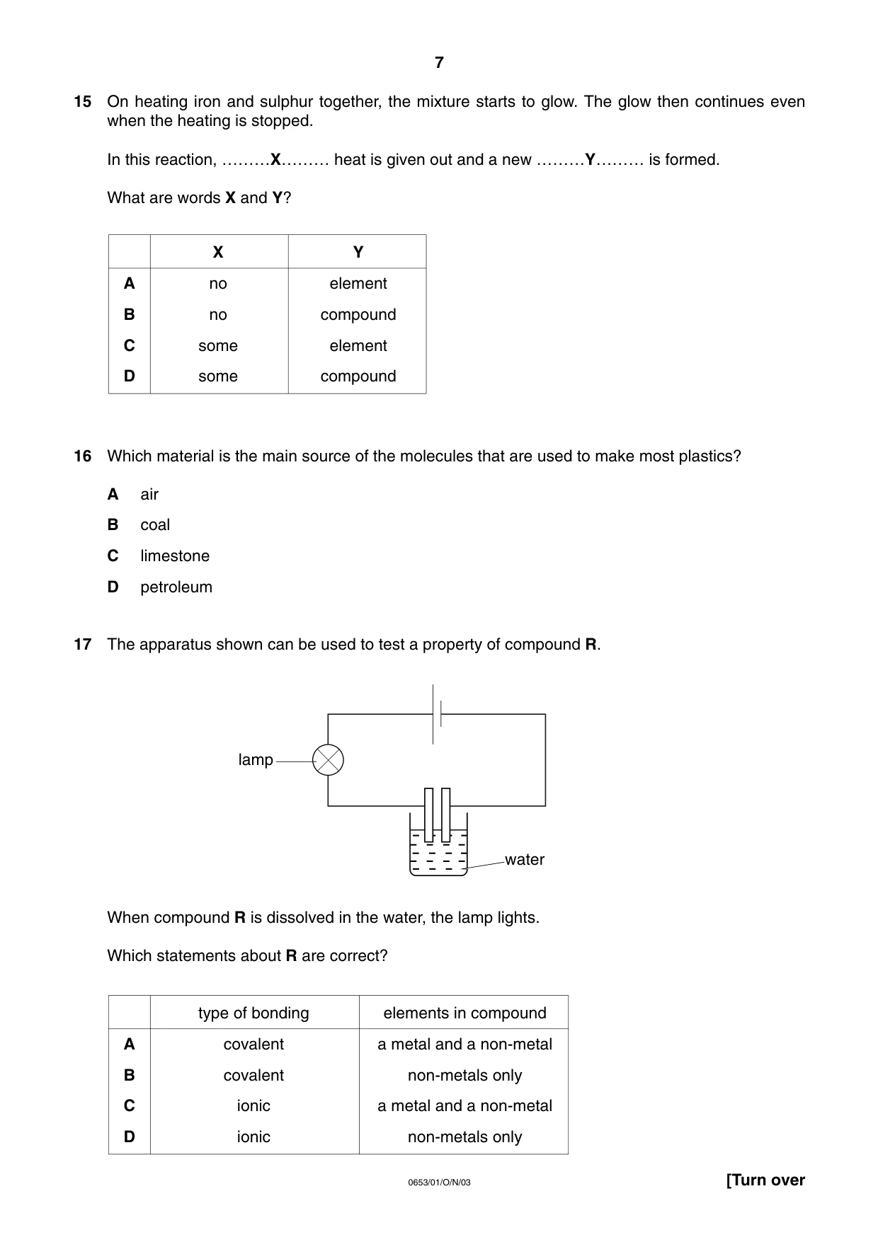 Cambridge IGCSE Science - Combined 0653 2003 Oct/Nov Paper 1 · Variant 1 question paper, page 7 of 20