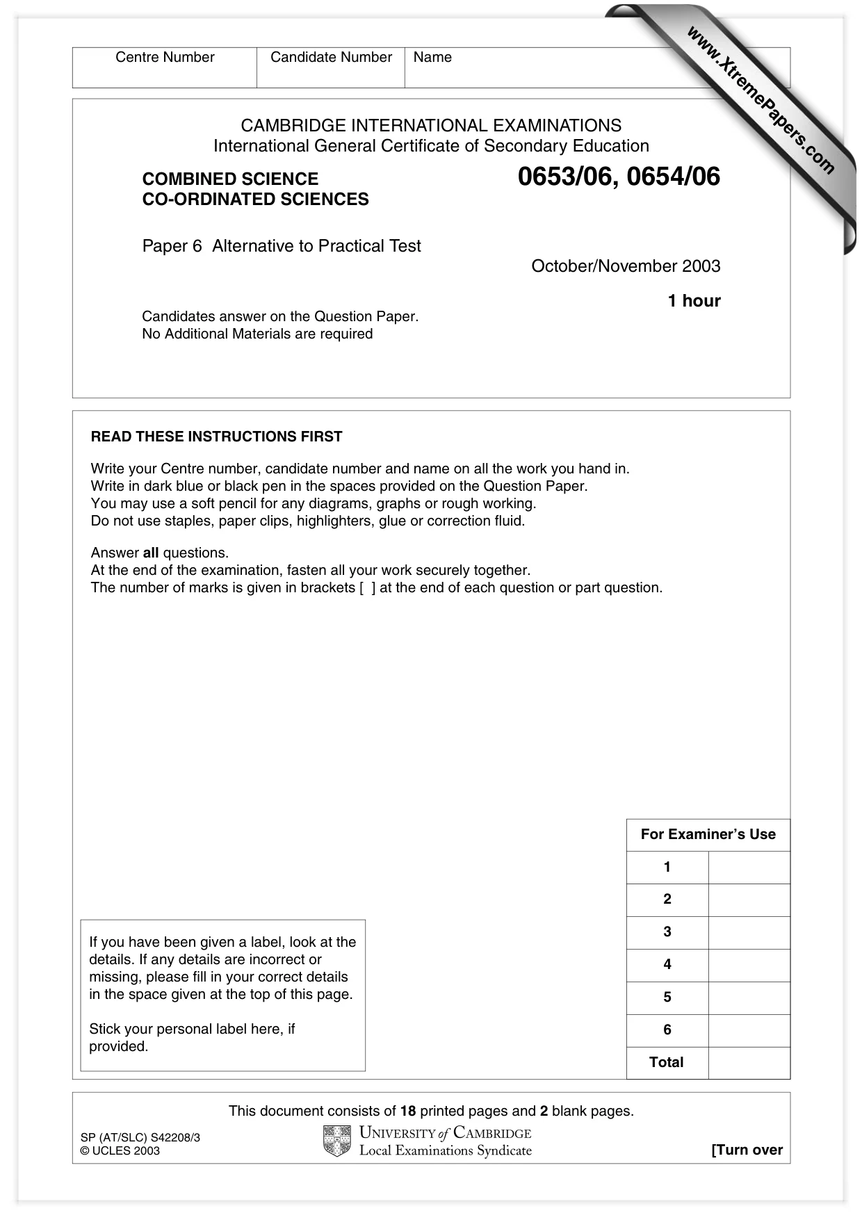 Cambridge IGCSE Science - Combined 0653 2003 Oct/Nov Paper 6 · Variant 1 question paper, page 1 of 20