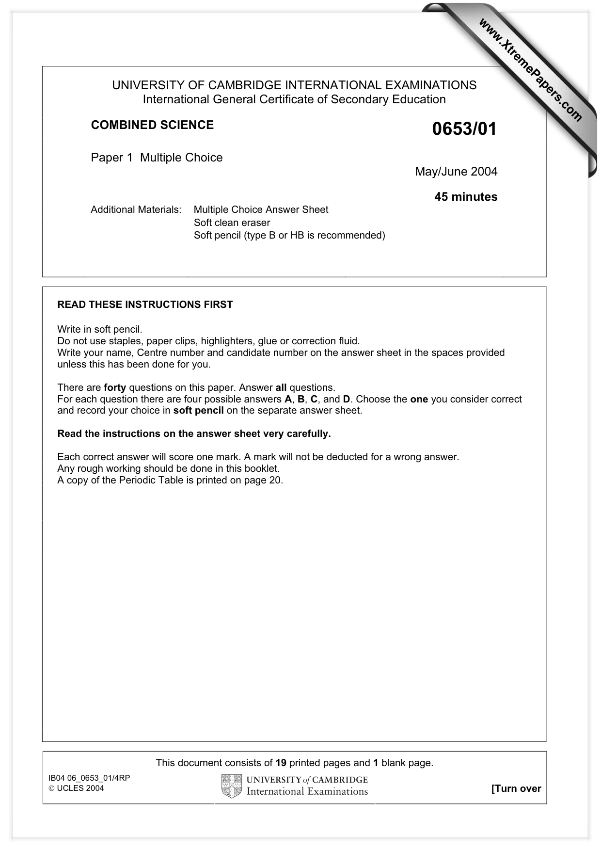 Cambridge IGCSE Science - Combined 0653 2004 May/June Paper 1 · Variant 1 question paper, page 1 of 20
