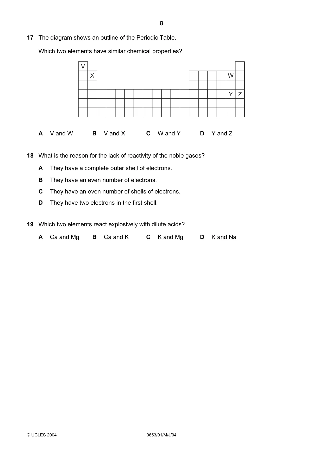 Cambridge IGCSE Science - Combined 0653 2004 May/June Paper 1 · Variant 1 question paper, page 8 of 20