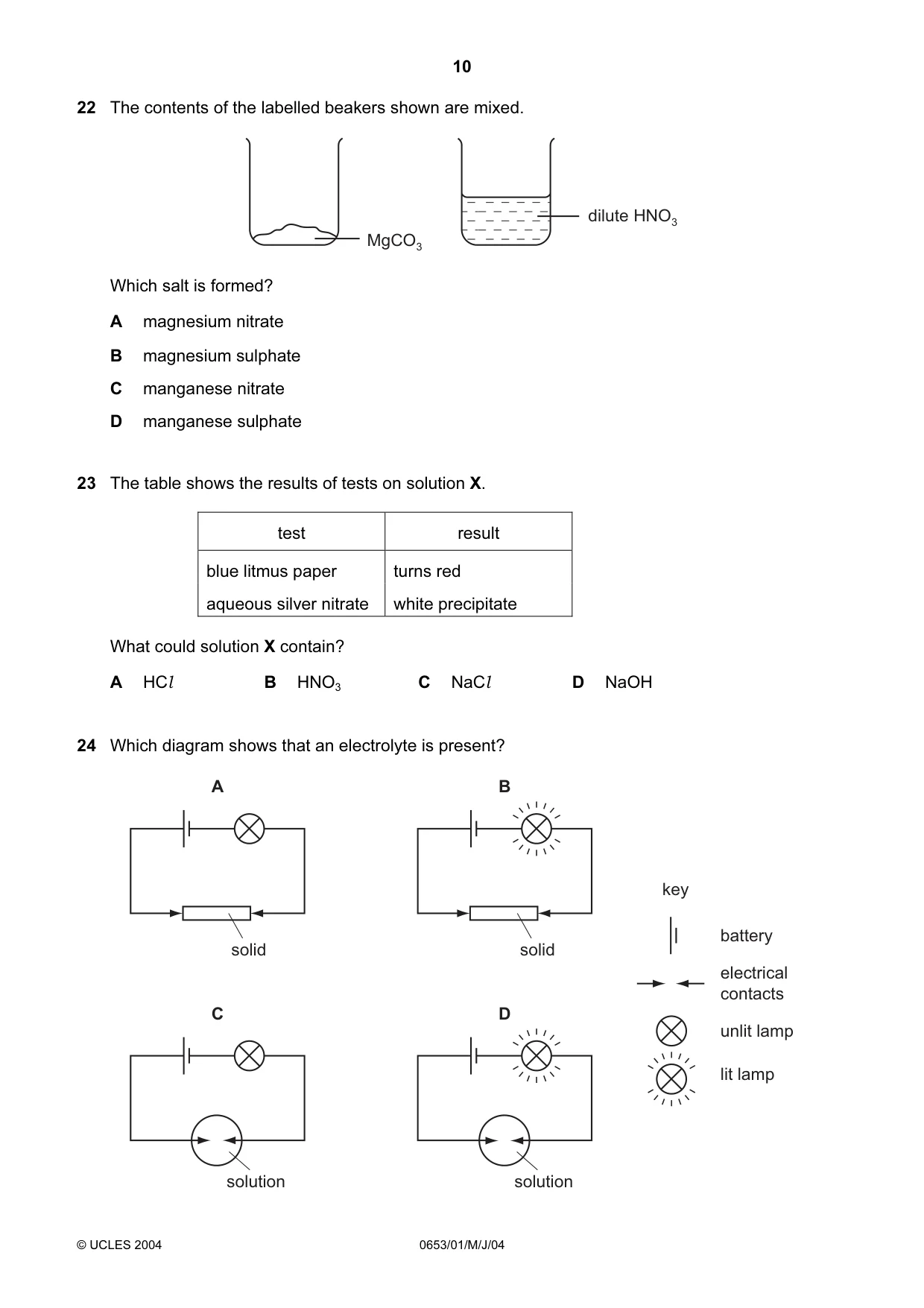 Cambridge IGCSE Science - Combined 0653 2004 May/June Paper 1 · Variant 1 question paper, page 10 of 20