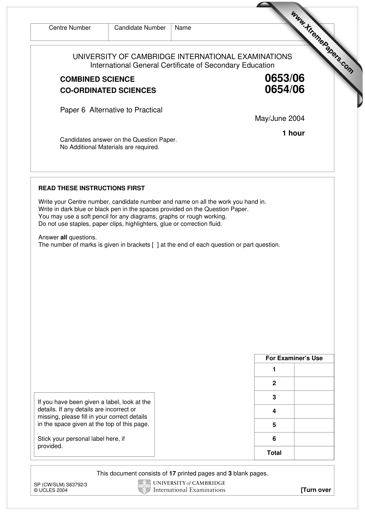 Cambridge IGCSE Science - Combined 0653 2004 May/June Paper 6 · Variant 1 question paper, page 1 of 20