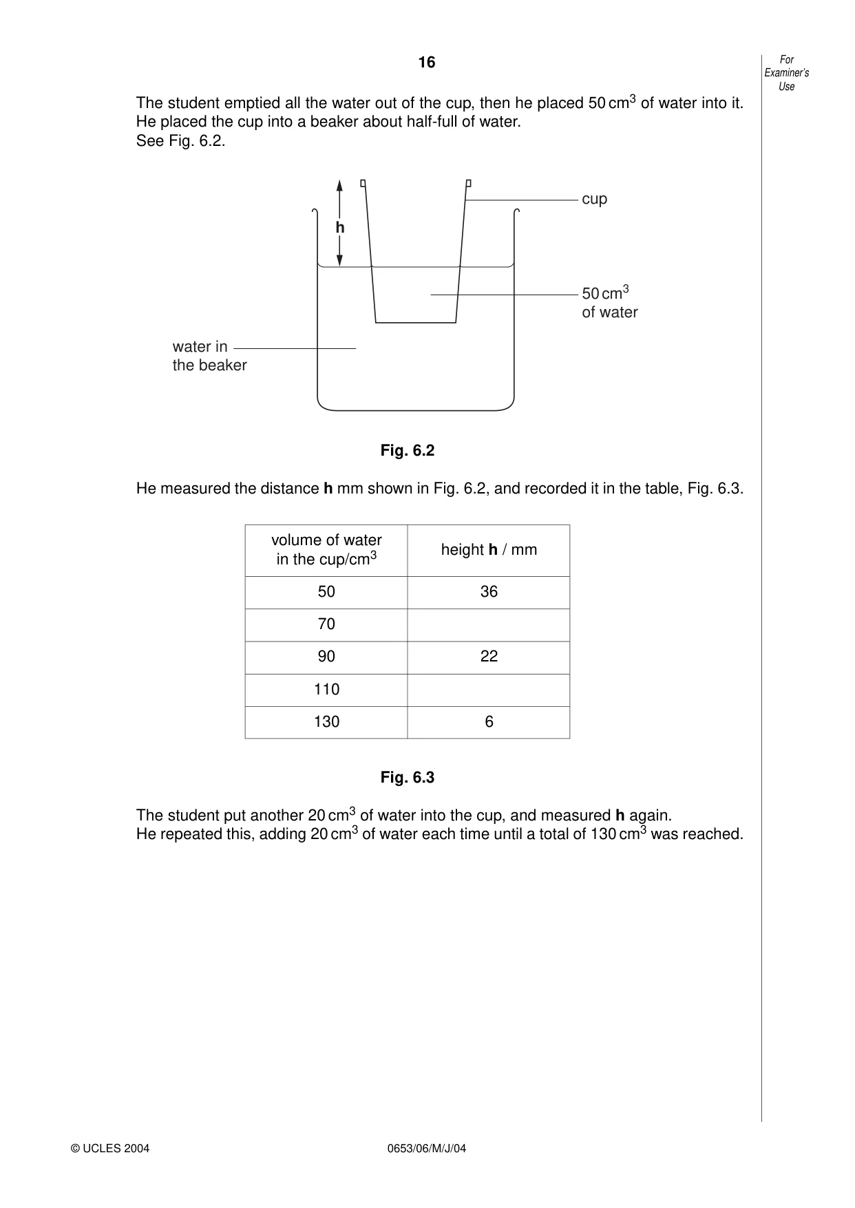 Cambridge IGCSE Science - Combined 0653 2004 May/June Paper 6 · Variant 1 question paper, page 16 of 20