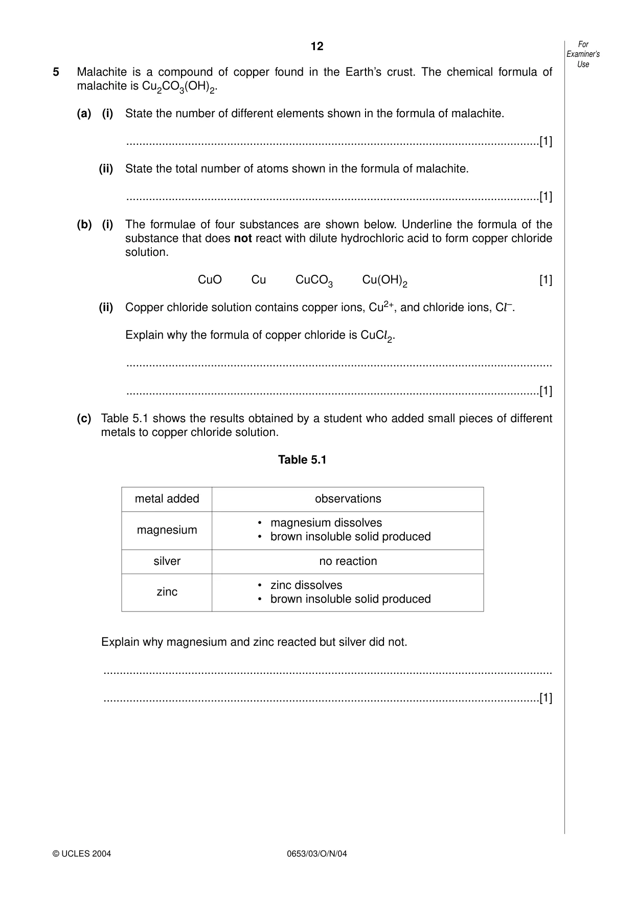 Cambridge IGCSE Science - Combined 0653 2004 Oct/Nov Paper 3 · Variant 1 question paper, page 12 of 20