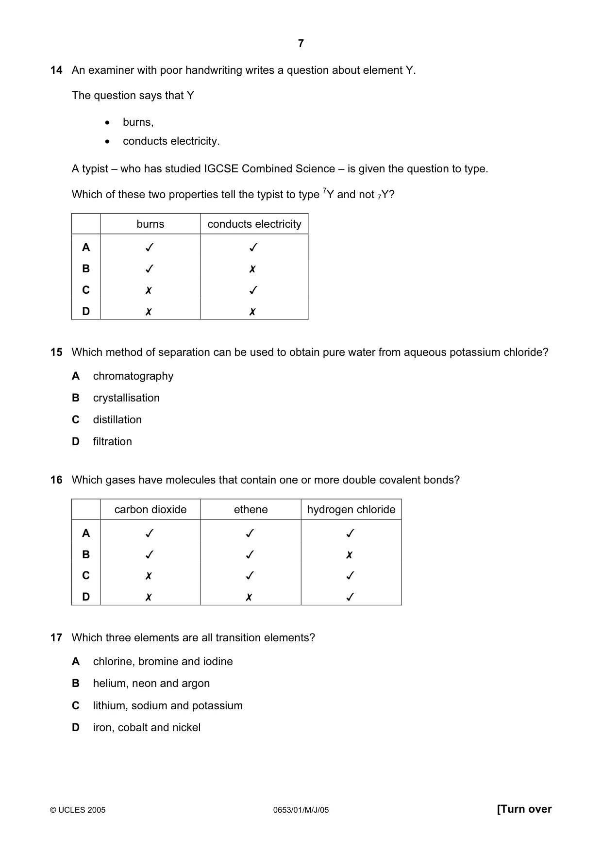 Cambridge IGCSE Science - Combined 0653 2005 May/June Paper 1 · Variant 1 question paper, page 7 of 20
