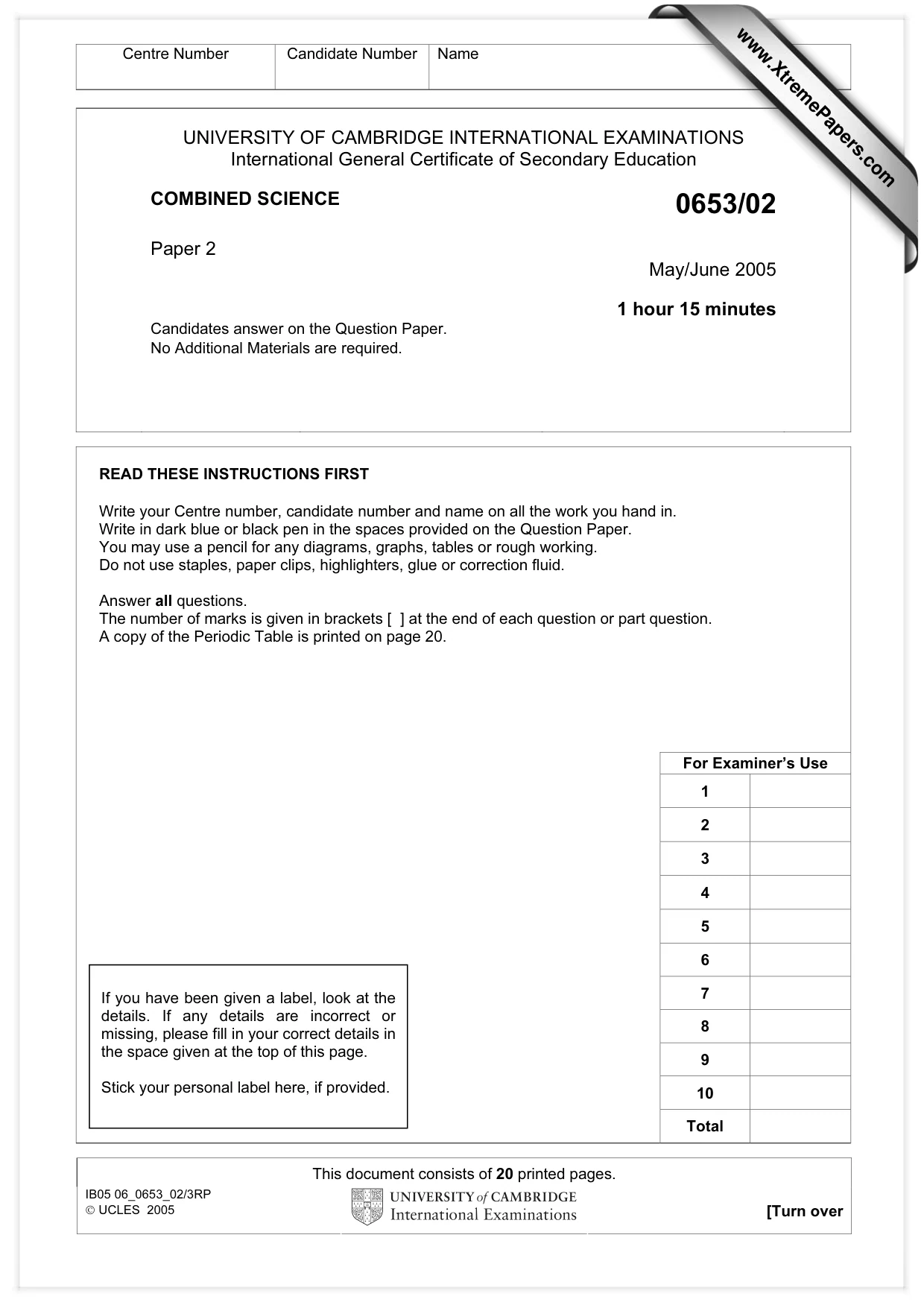 Cambridge IGCSE Science - Combined 0653 2005 May/June Paper 2 · Variant 1 question paper, page 1 of 20