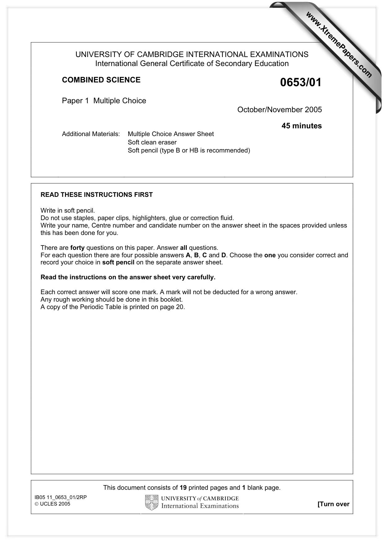 Cambridge IGCSE Science - Combined 0653 2005 Oct/Nov Paper 1 · Variant 1 question paper, page 1 of 20