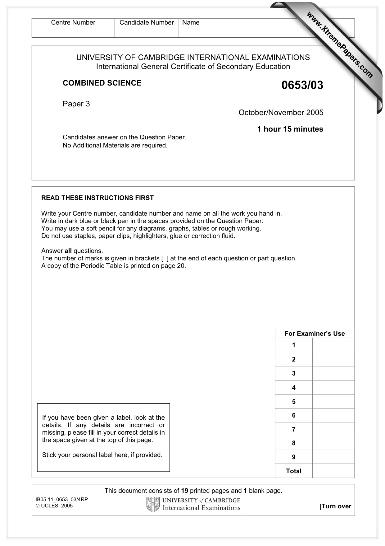 Cambridge IGCSE Science - Combined 0653 2005 Oct/Nov Paper 3 · Variant 1 question paper, page 1 of 20