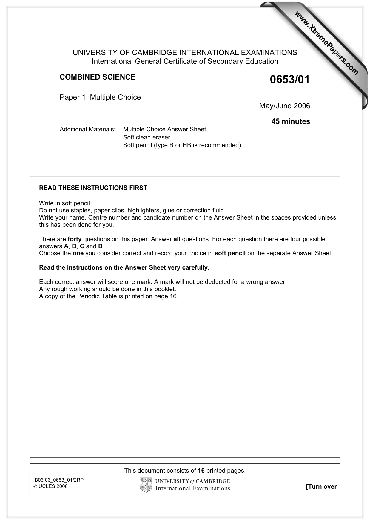 Cambridge IGCSE Science - Combined 0653 2006 May/June Paper 1 · Variant 1 question paper, page 1 of 16