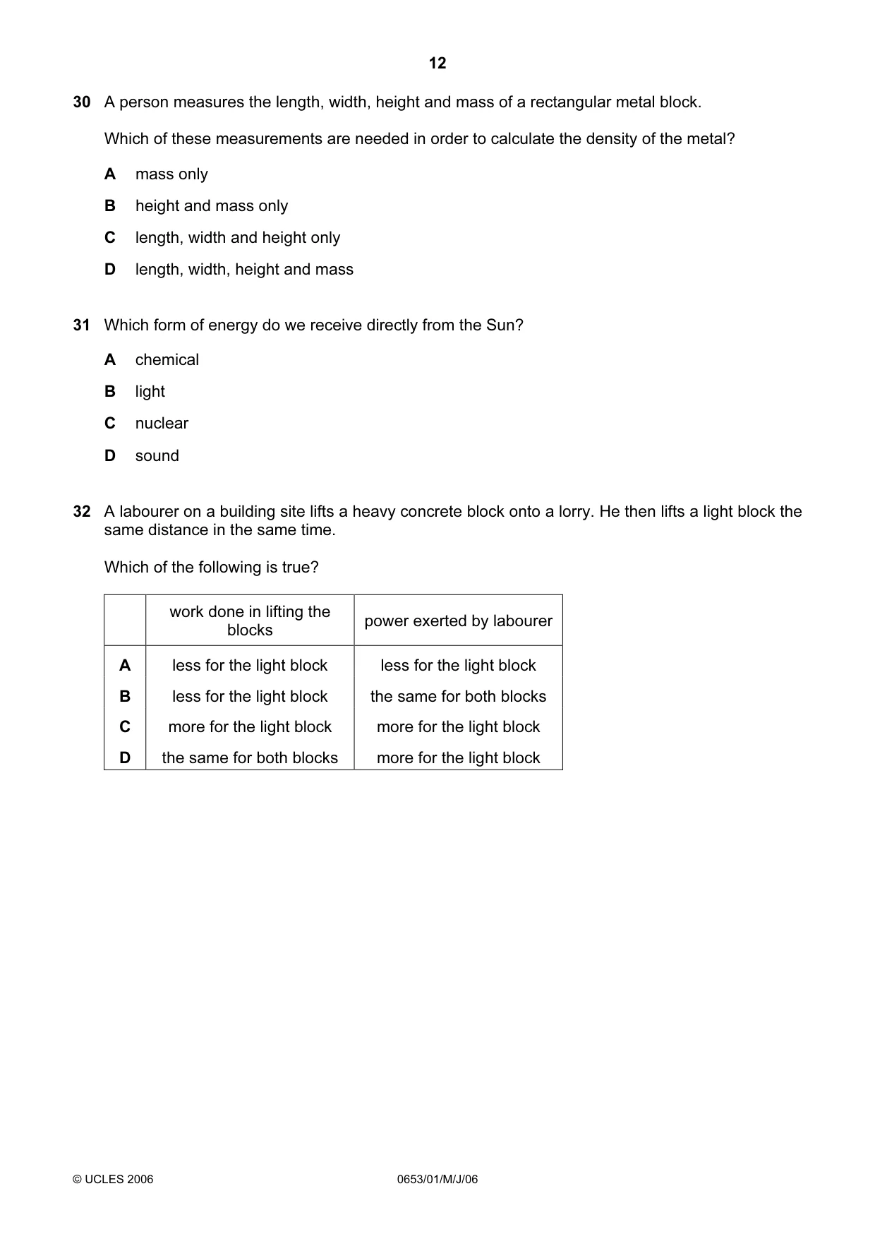 Cambridge IGCSE Science - Combined 0653 2006 May/June Paper 1 · Variant 1 question paper, page 12 of 16