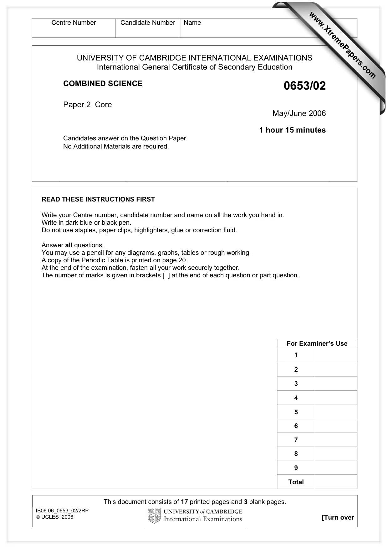 Cambridge IGCSE Science - Combined 0653 2006 May/June Paper 2 · Variant 1 question paper, page 1 of 20