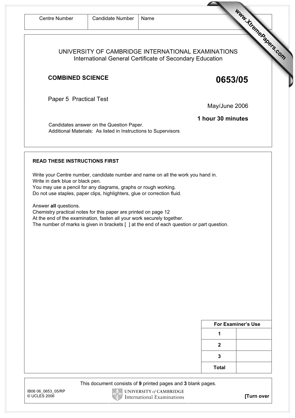 Cambridge IGCSE Science - Combined 0653 2006 May/June Paper 5 · Variant 1 question paper, page 1 of 12