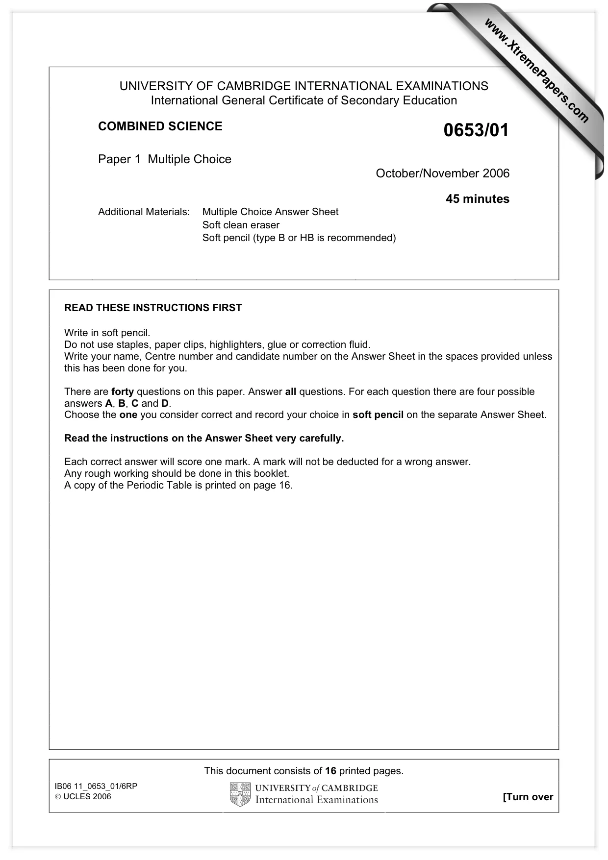 Cambridge IGCSE Science - Combined 0653 2006 Oct/Nov Paper 1 · Variant 1 question paper, page 1 of 16