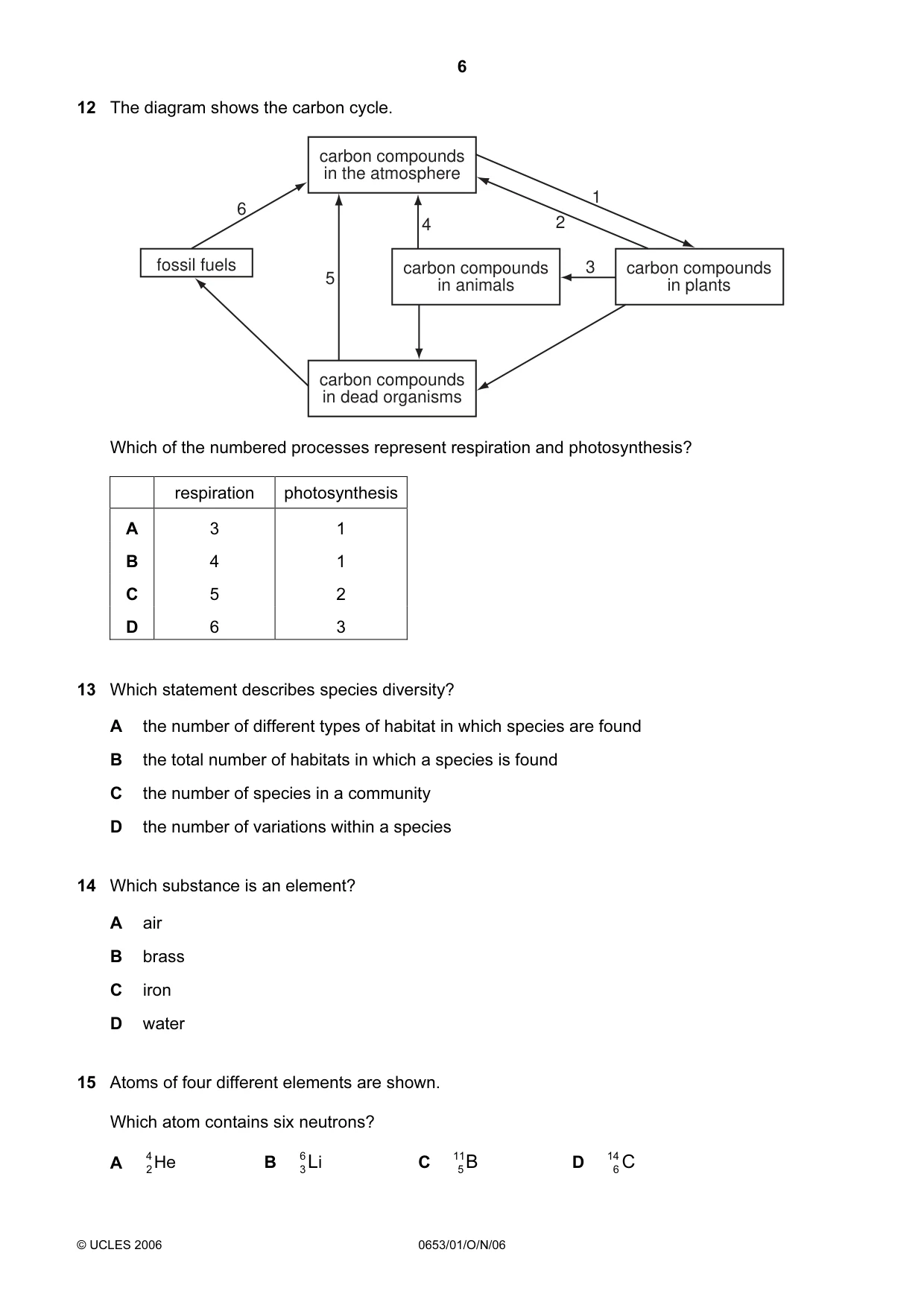 Cambridge IGCSE Science - Combined 0653 2006 Oct/Nov Paper 1 · Variant 1 question paper, page 6 of 16