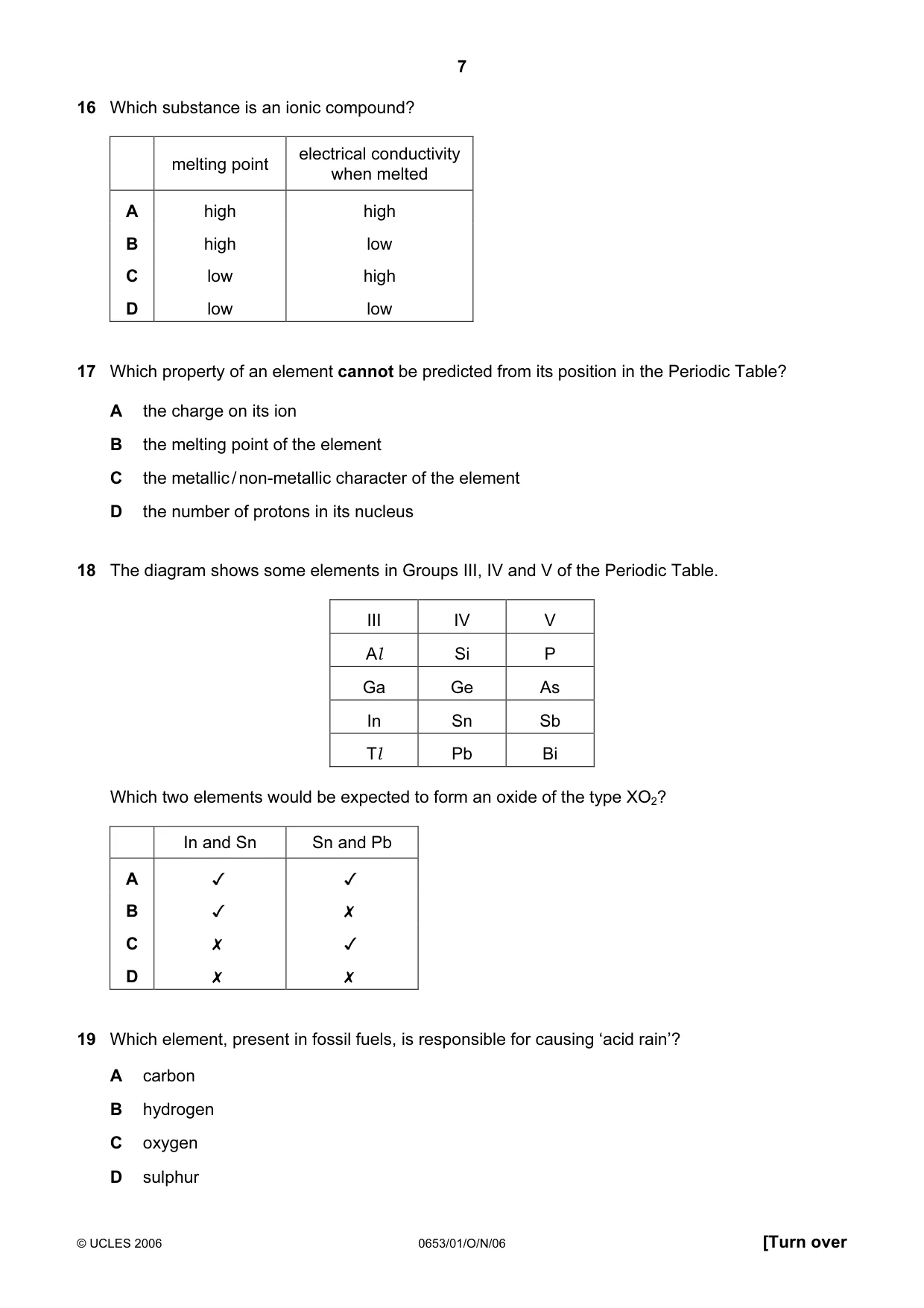 Cambridge IGCSE Science - Combined 0653 2006 Oct/Nov Paper 1 · Variant 1 question paper, page 7 of 16