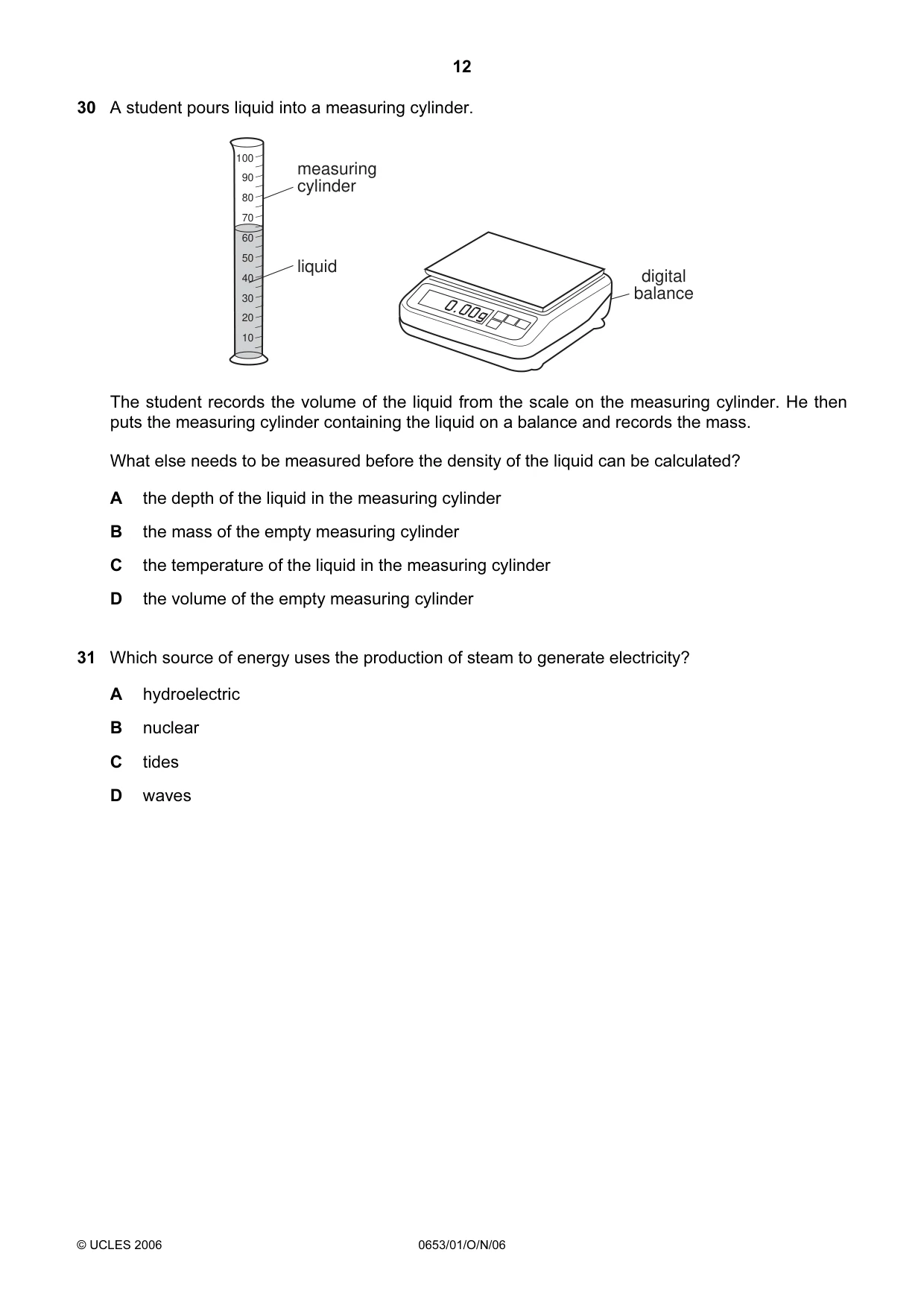 Cambridge IGCSE Science - Combined 0653 2006 Oct/Nov Paper 1 · Variant 1 question paper, page 12 of 16