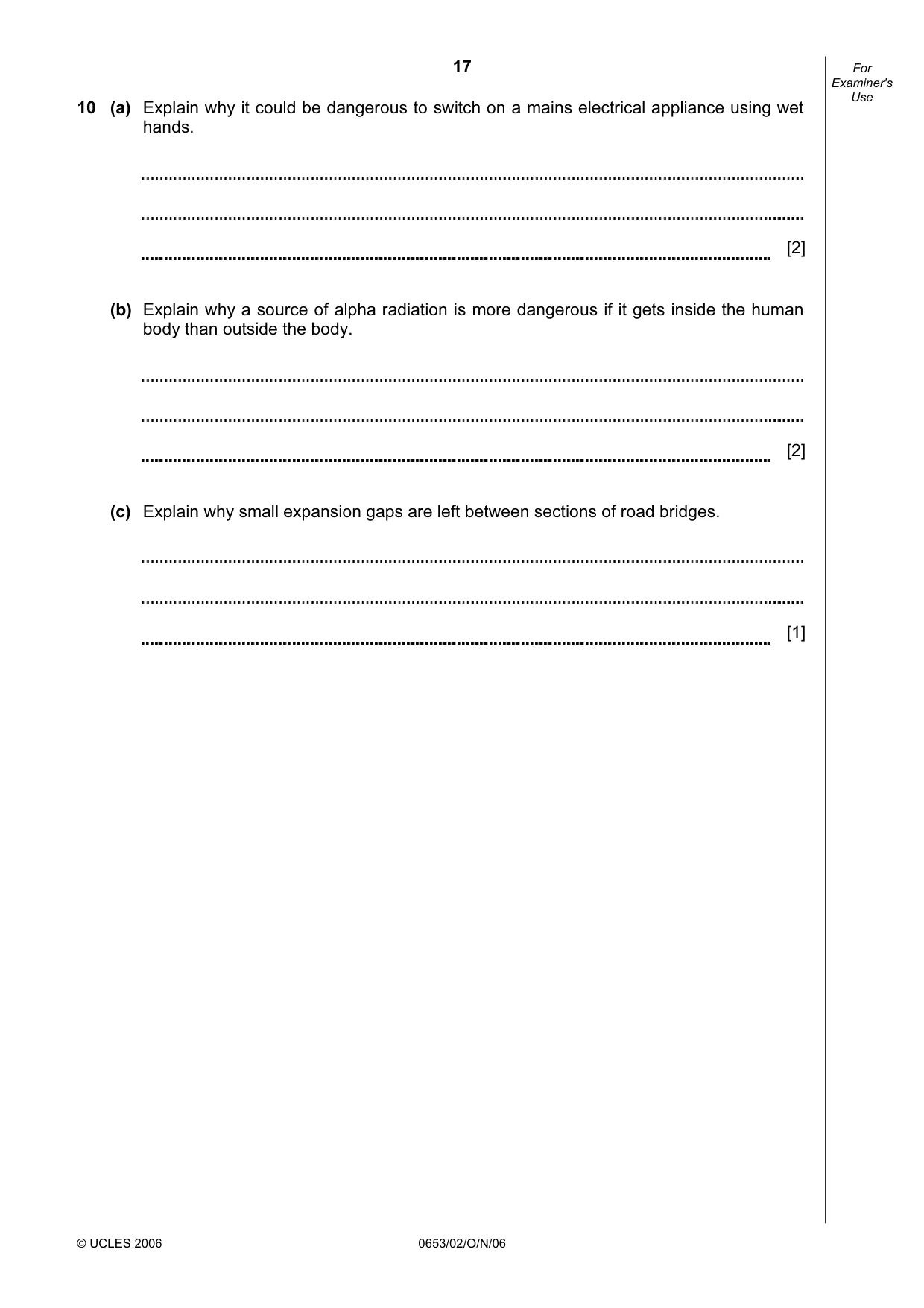 Cambridge IGCSE Science - Combined 0653 2006 Oct/Nov Paper 2 · Variant 1 question paper, page 17 of 20
