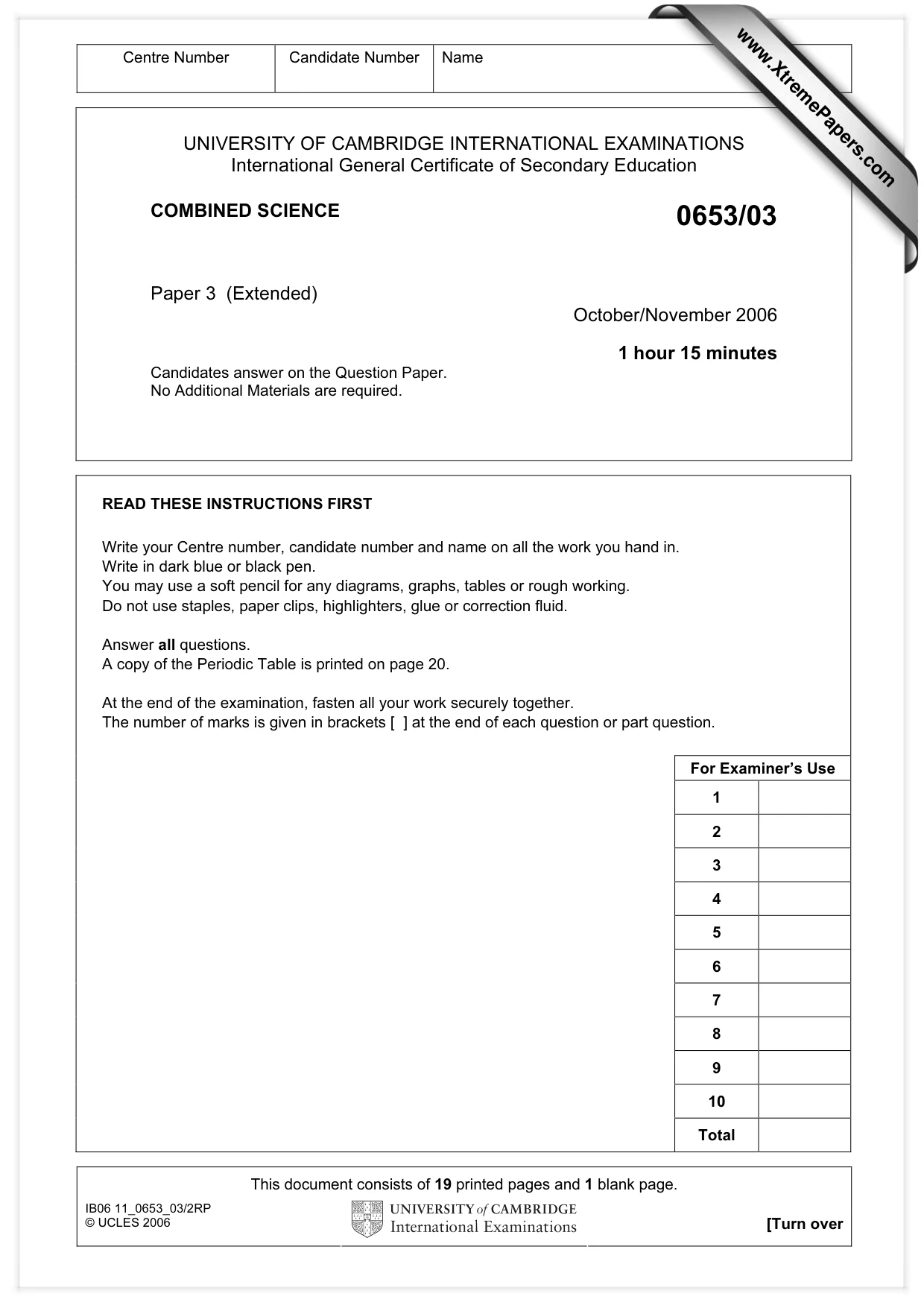 Cambridge IGCSE Science - Combined 0653 2006 Oct/Nov Paper 3 · Variant 1 question paper, page 1 of 20