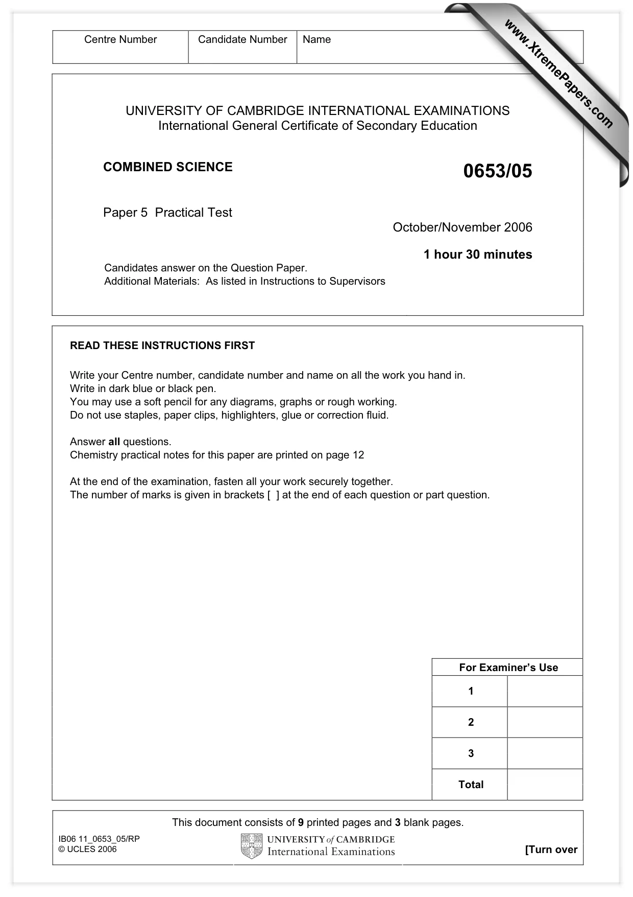 Cambridge IGCSE Science - Combined 0653 2006 Oct/Nov Paper 5 · Variant 1 question paper, page 1 of 12