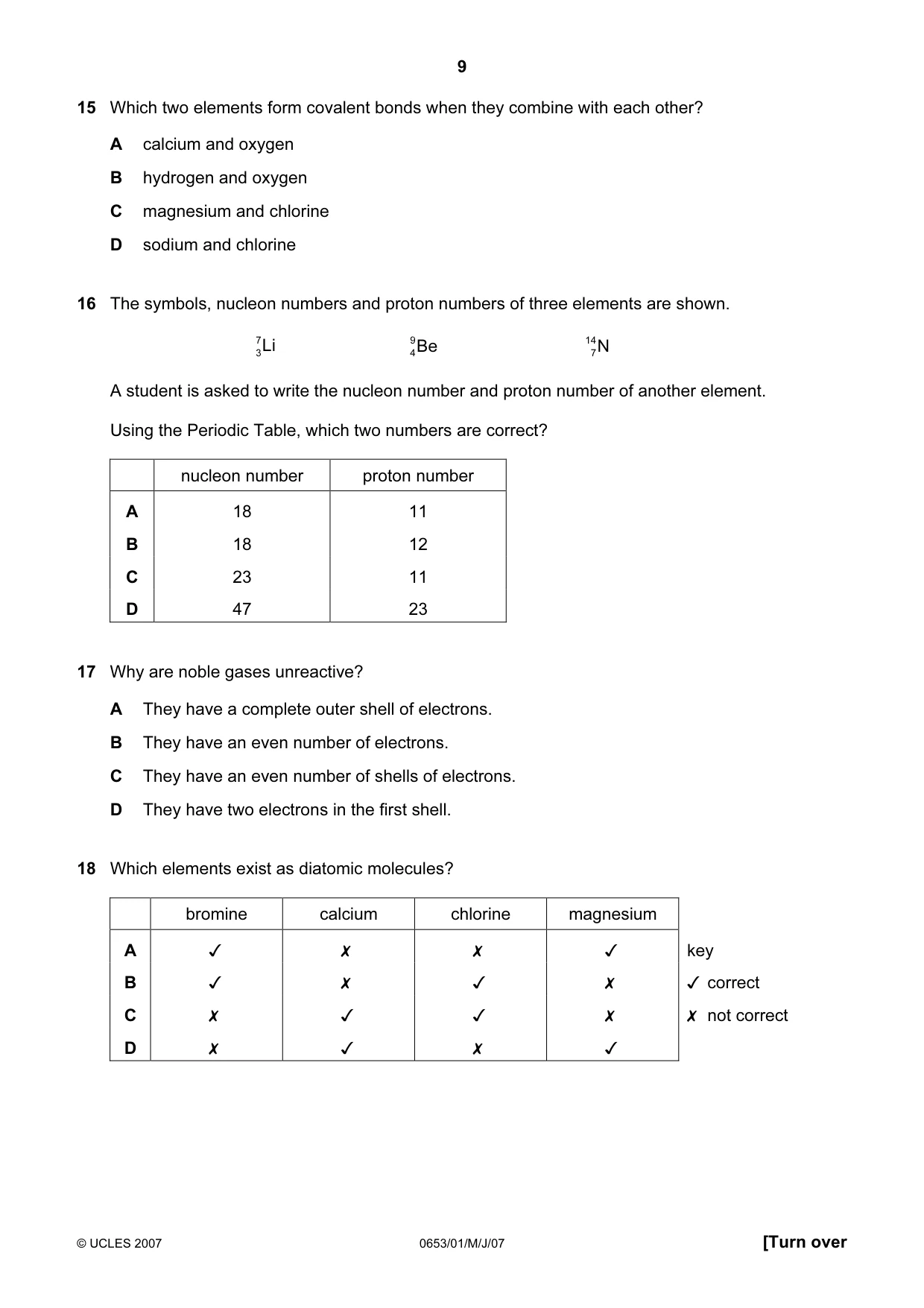 Cambridge IGCSE Science - Combined 0653 2007 May/June Paper 1 · Variant 1 question paper, page 9 of 20