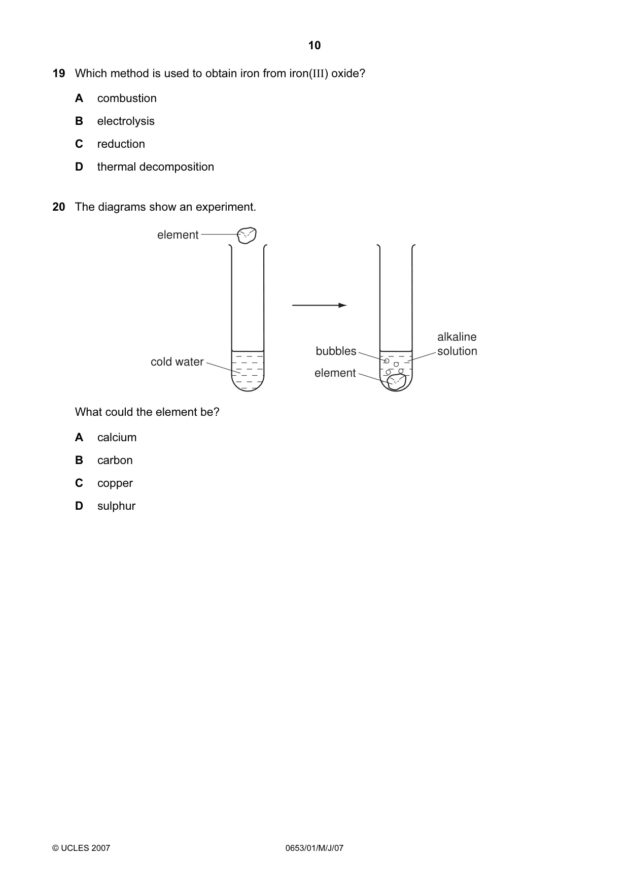 Cambridge IGCSE Science - Combined 0653 2007 May/June Paper 1 · Variant 1 question paper, page 10 of 20