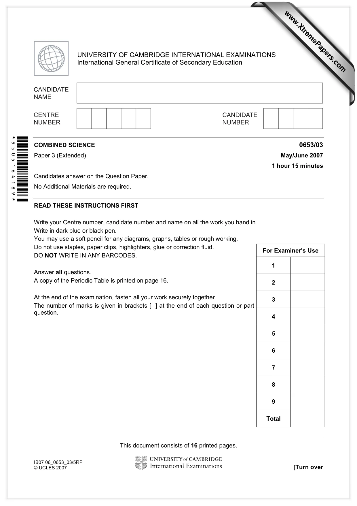 Cambridge IGCSE Science - Combined 0653 2007 May/June Paper 3 · Variant 1 question paper, page 1 of 16