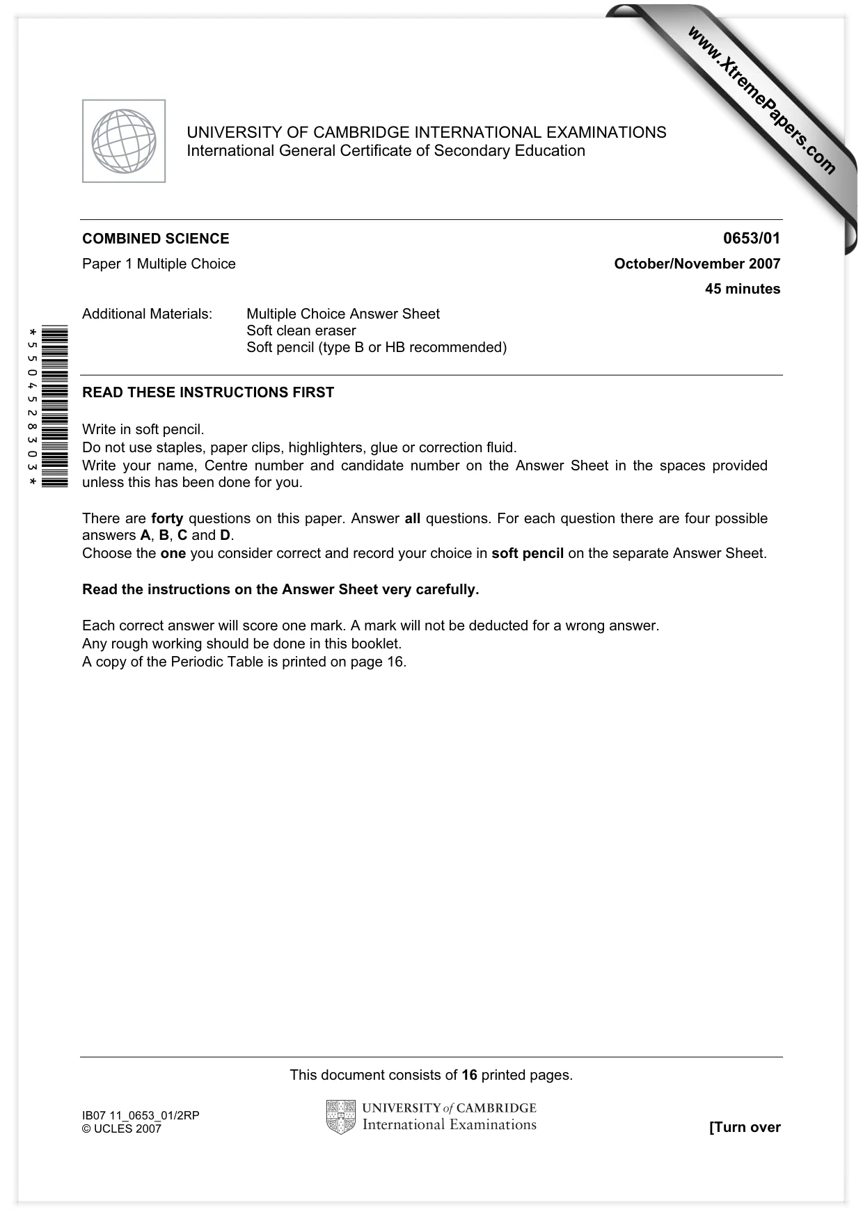 Cambridge IGCSE Science - Combined 0653 2007 Oct/Nov Paper 1 · Variant 1 question paper, page 1 of 16