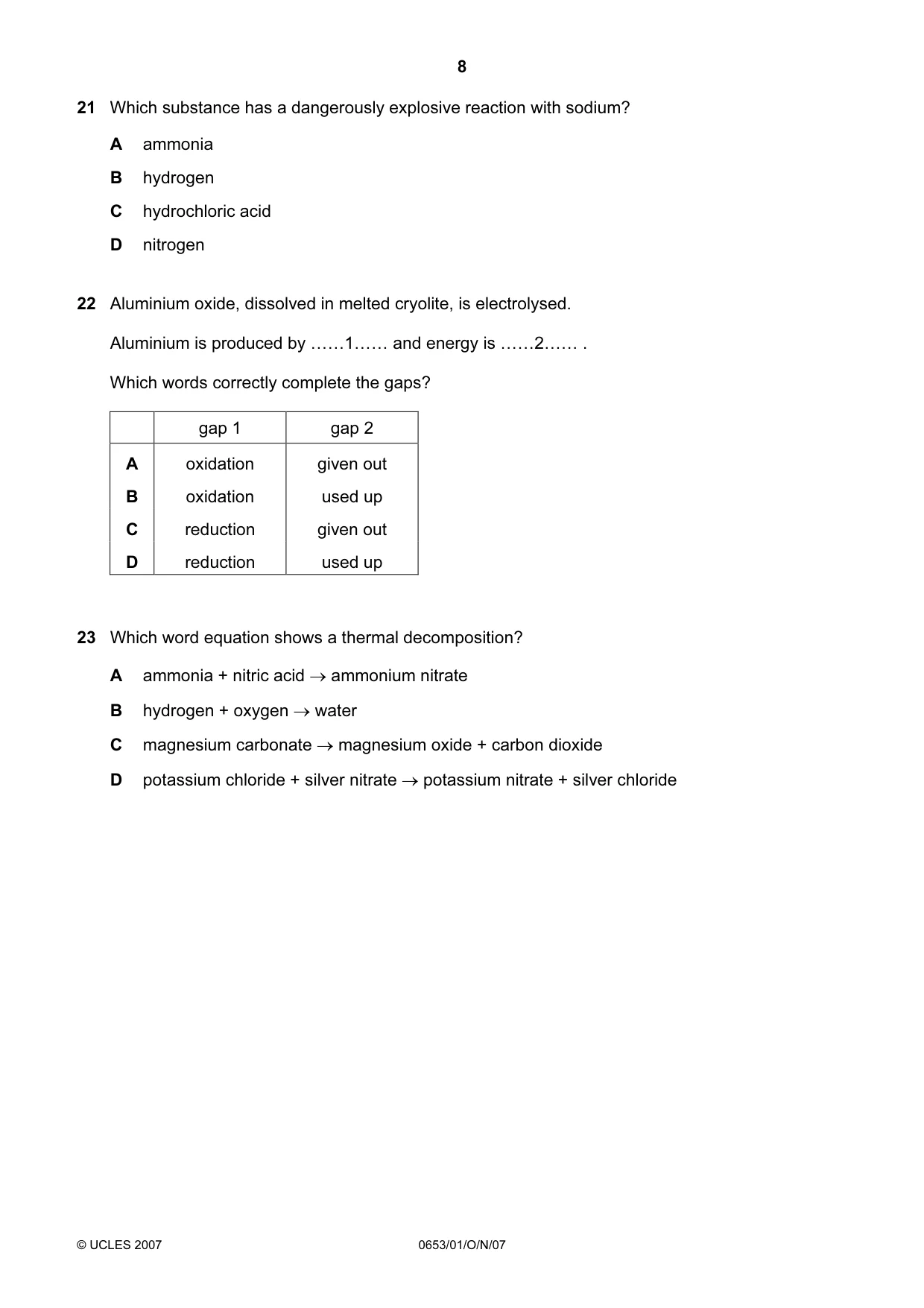 Cambridge IGCSE Science - Combined 0653 2007 Oct/Nov Paper 1 · Variant 1 question paper, page 8 of 16
