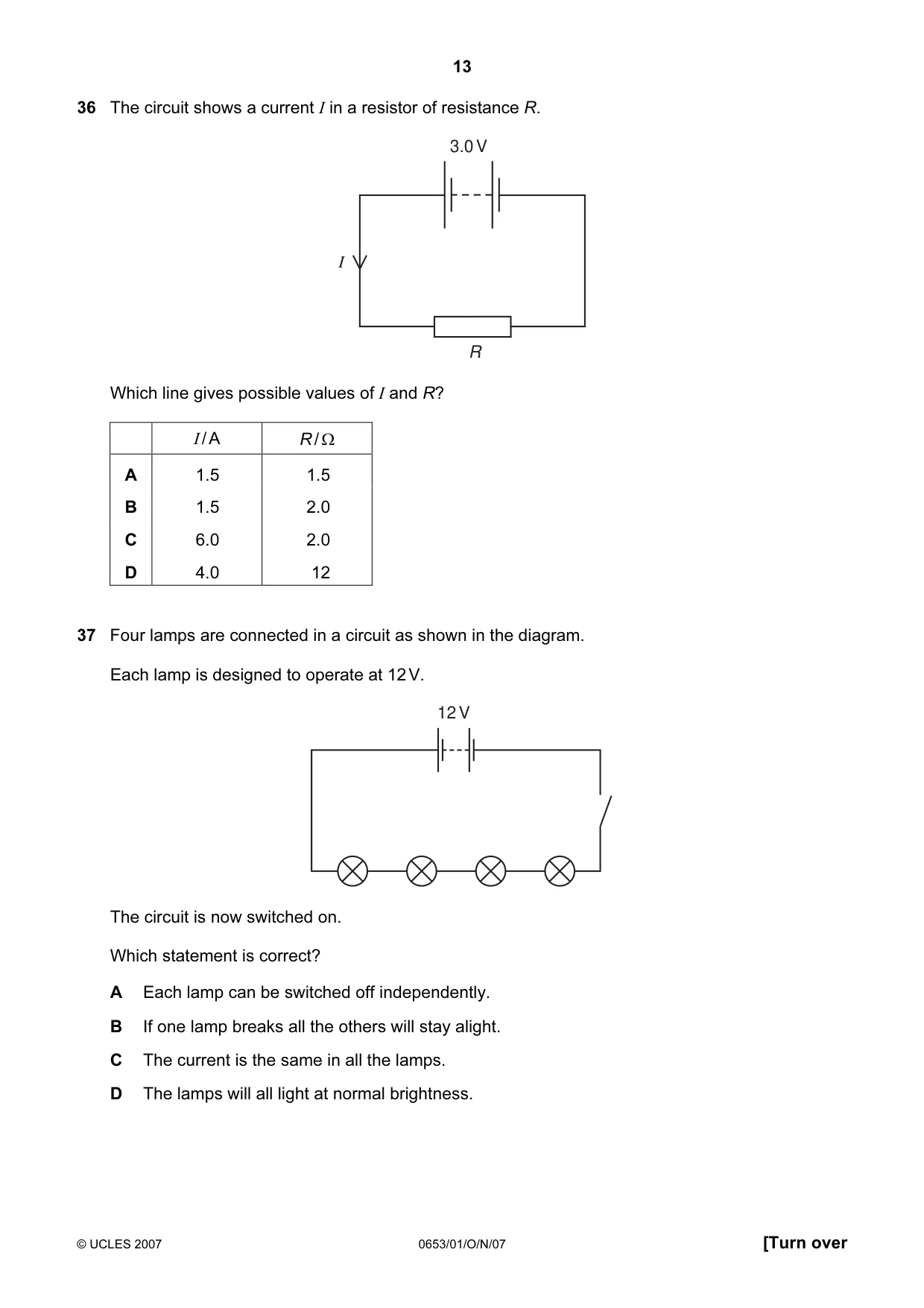 Cambridge IGCSE Science - Combined 0653 2007 Oct/Nov Paper 1 · Variant 1 question paper, page 13 of 16