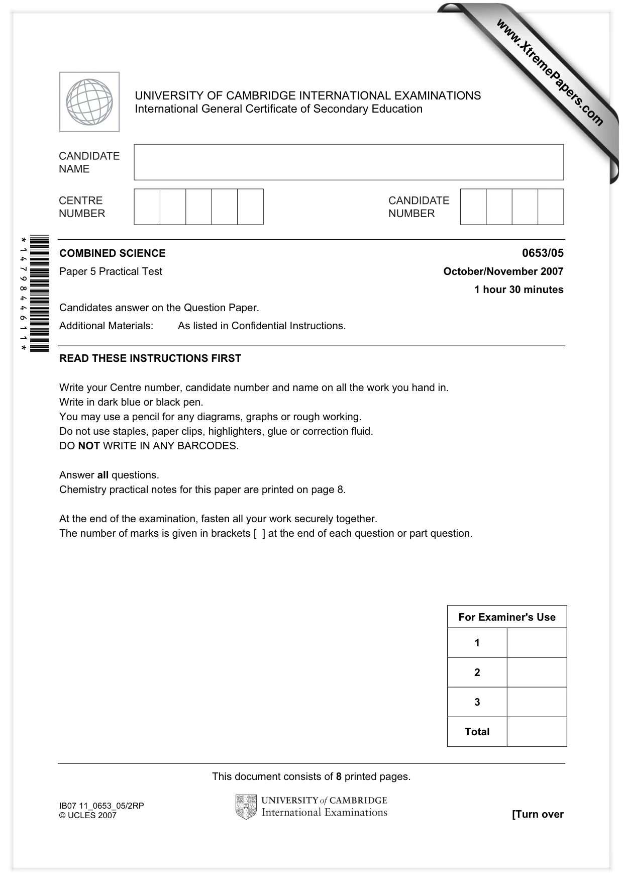 Cambridge IGCSE Science - Combined 0653 2007 Oct/Nov Paper 5 · Variant 1 question paper, page 1 of 8