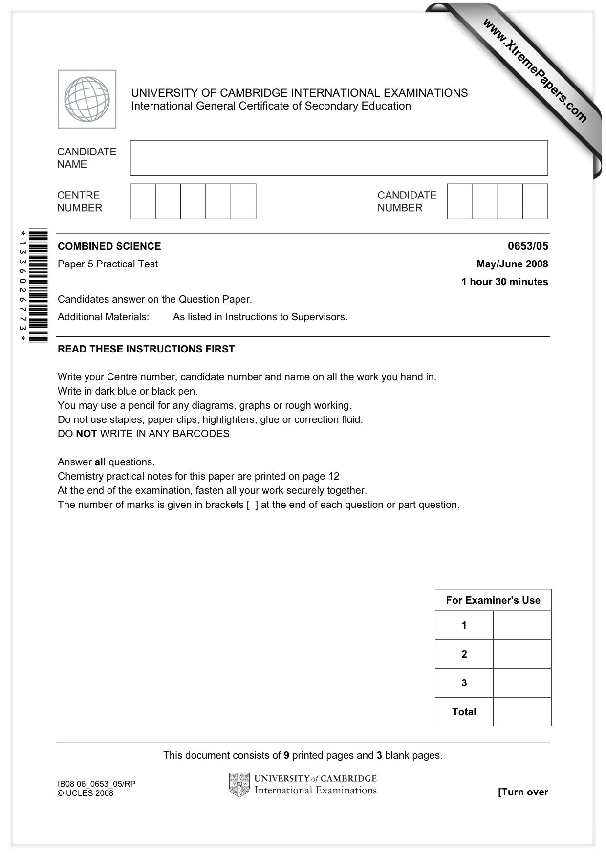Cambridge IGCSE Science - Combined 0653 2008 May/June Paper 5 · Variant 1 question paper, page 1 of 12