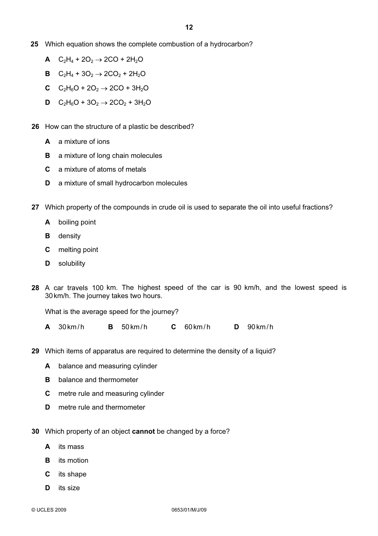 Cambridge IGCSE Science - Combined 0653 2009 May/June Paper 1 · Variant 1 question paper, page 12 of 20