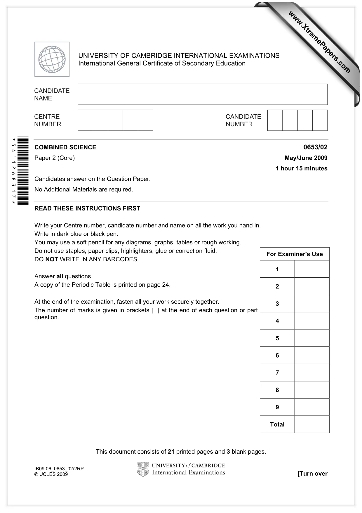 Cambridge IGCSE Science - Combined 0653 2009 May/June Paper 2 · Variant 1 question paper, page 1 of 24