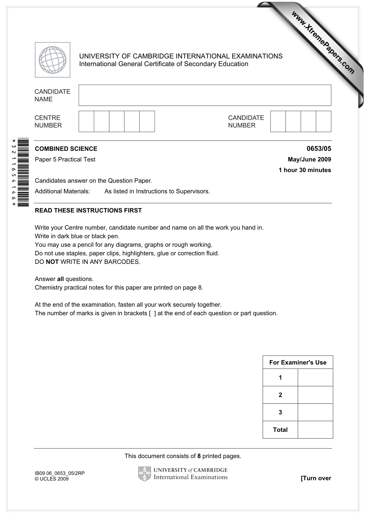 Cambridge IGCSE Science - Combined 0653 2009 May/June Paper 5 · Variant 1 question paper, page 1 of 8