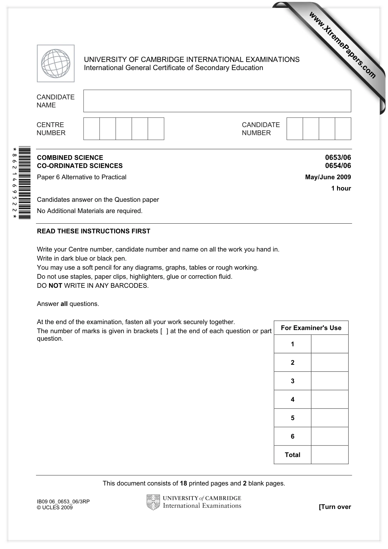 Cambridge IGCSE Science - Combined 0653 2009 May/June Paper 6 · Variant 1 question paper, page 1 of 20
