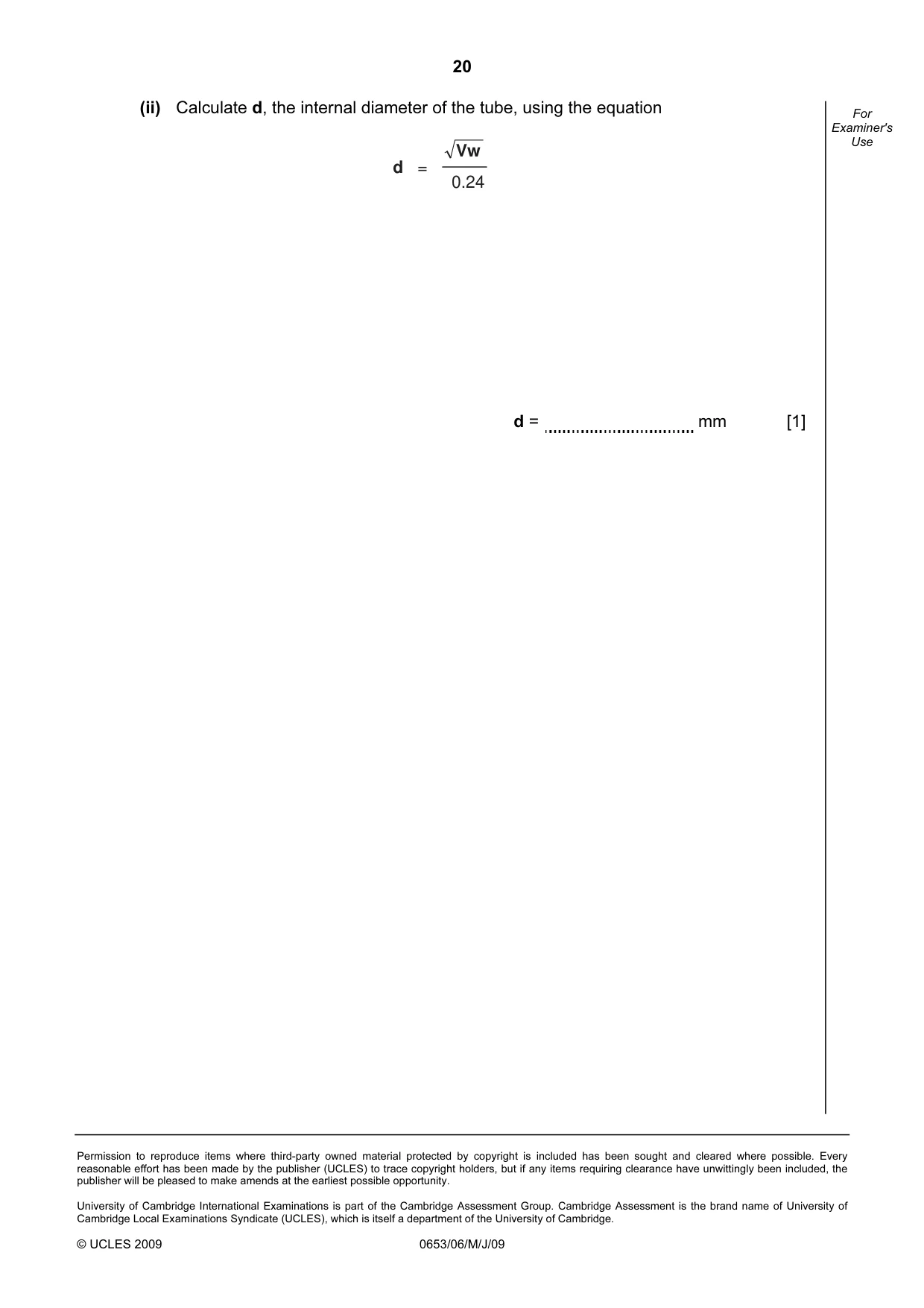 Cambridge IGCSE Science - Combined 0653 2009 May/June Paper 6 · Variant 1 question paper, page 20 of 20