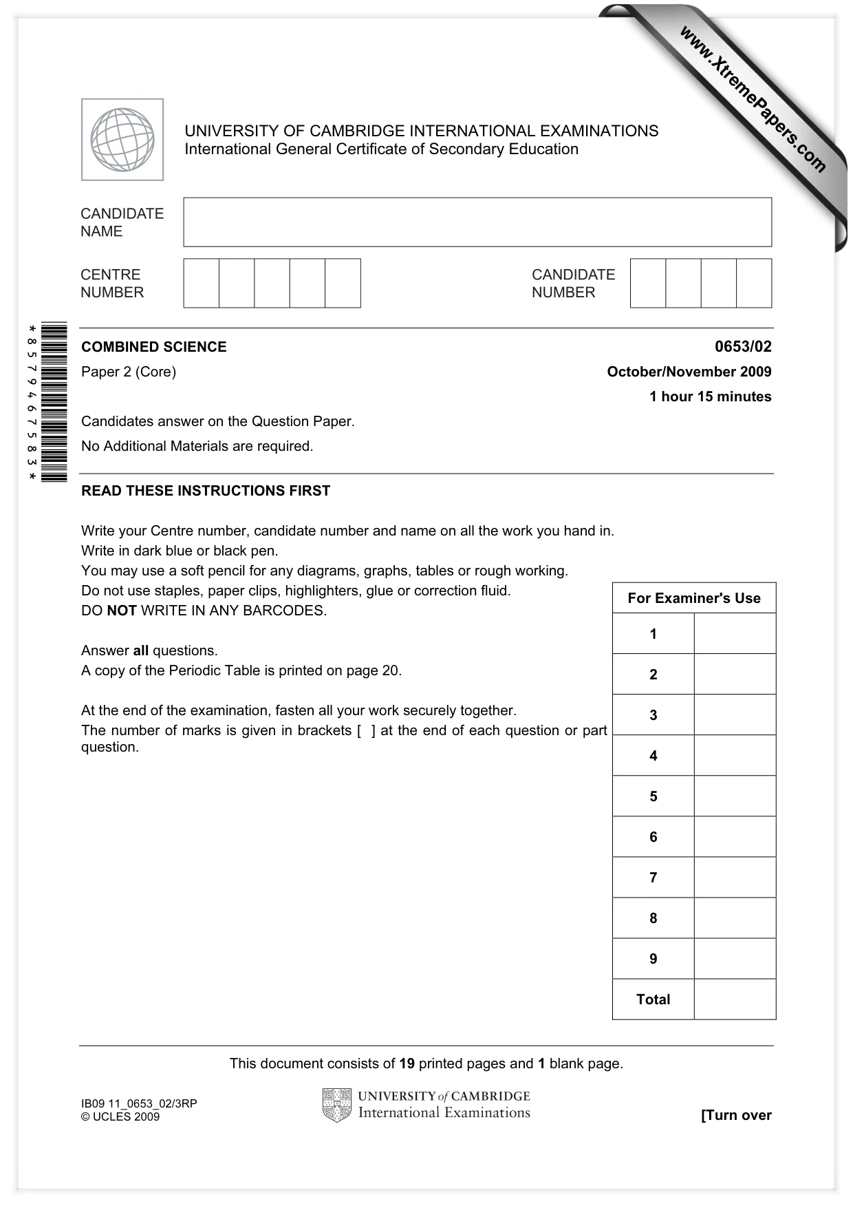Cambridge IGCSE Science - Combined 0653 2009 Oct/Nov Paper 2 · Variant 1 question paper, page 1 of 20