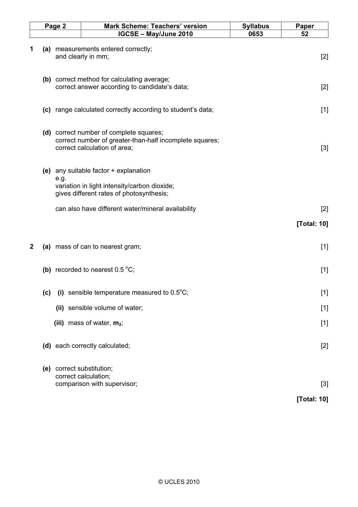 Mark scheme, page 2 of 3