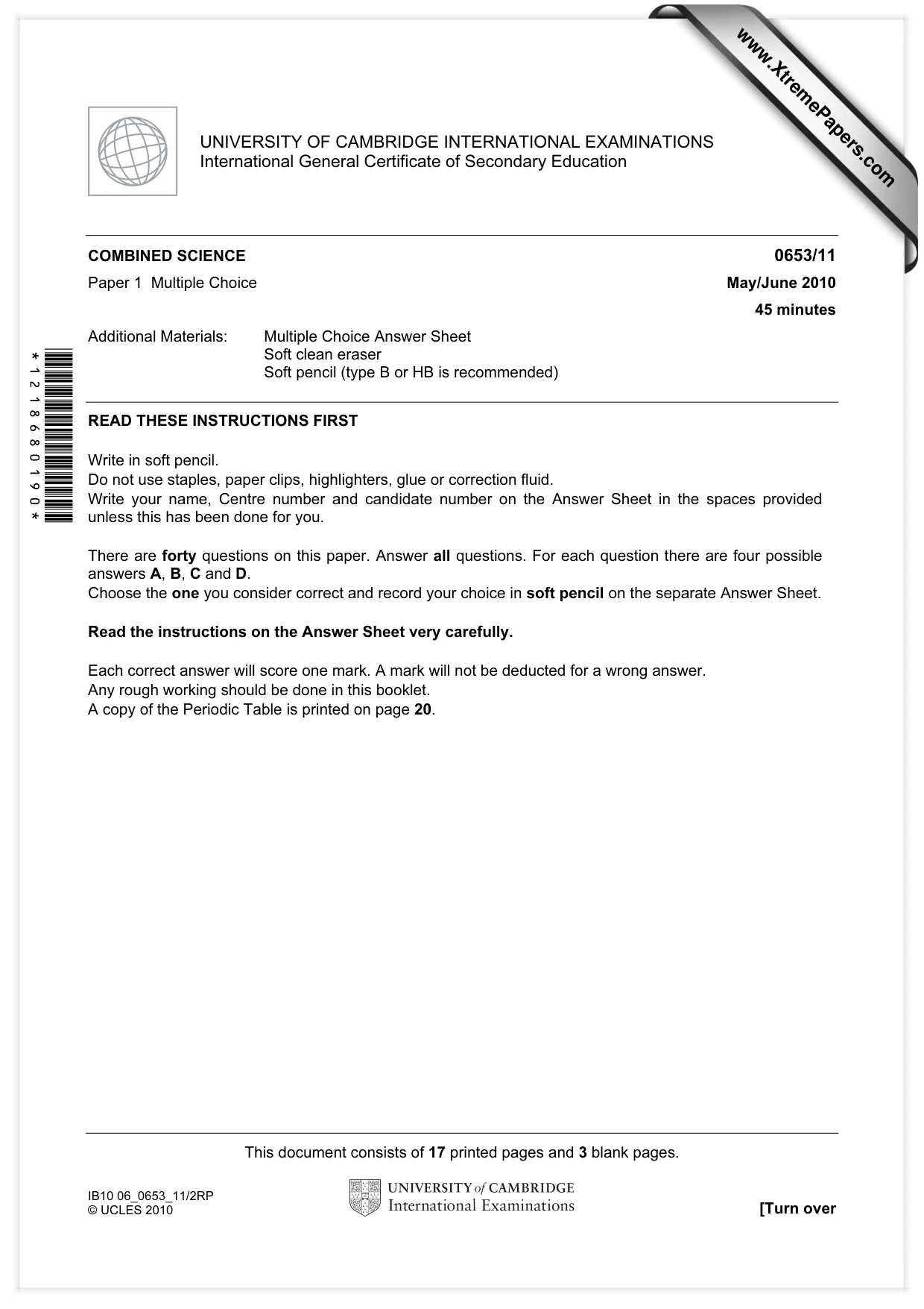 Cambridge IGCSE Science - Combined 0653 2010 May/June Paper 1 · Variant 1 question paper, page 1 of 20