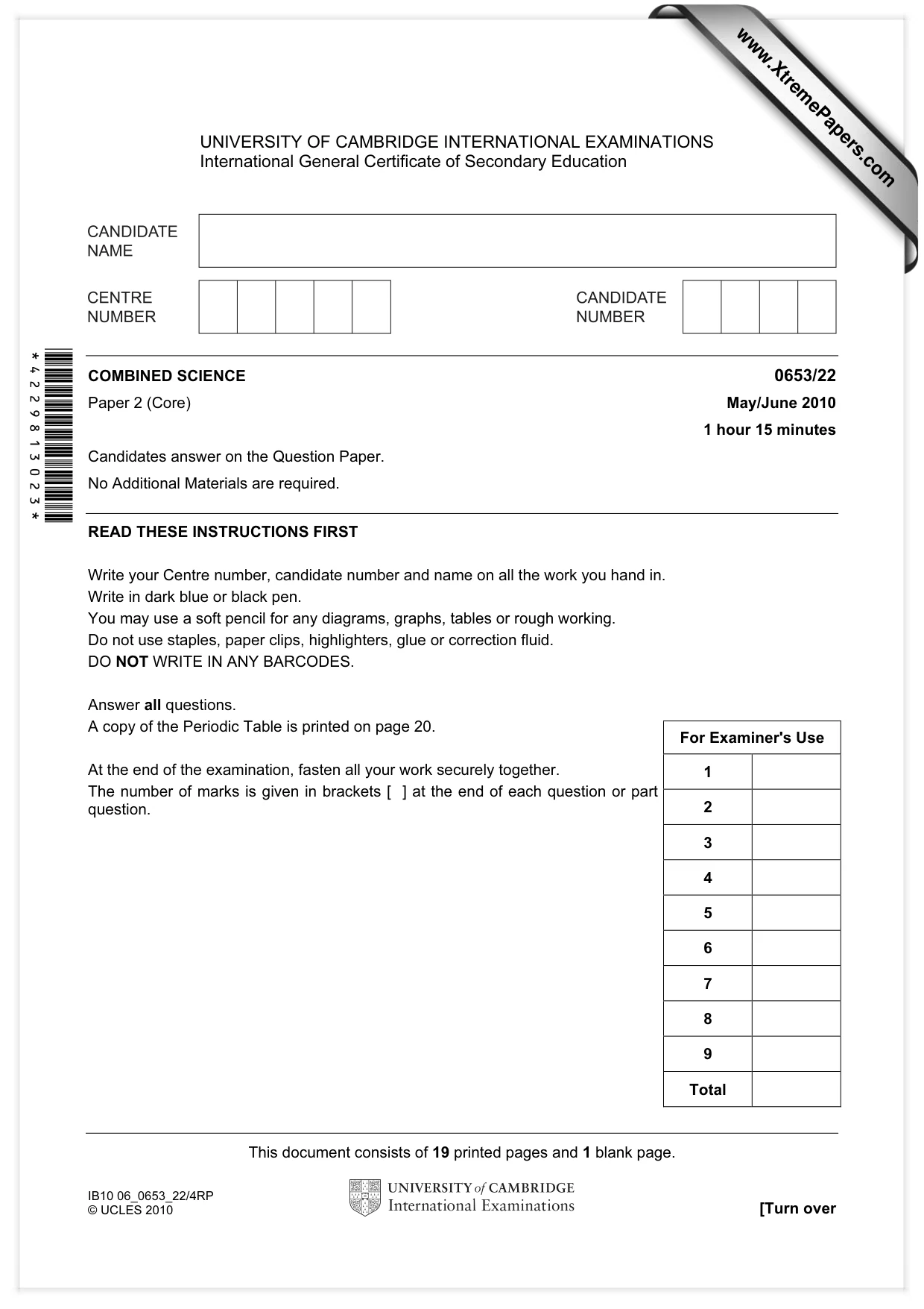 Cambridge IGCSE Science - Combined 0653 2010 May/June Paper 2 · Variant 2 question paper, page 1 of 20