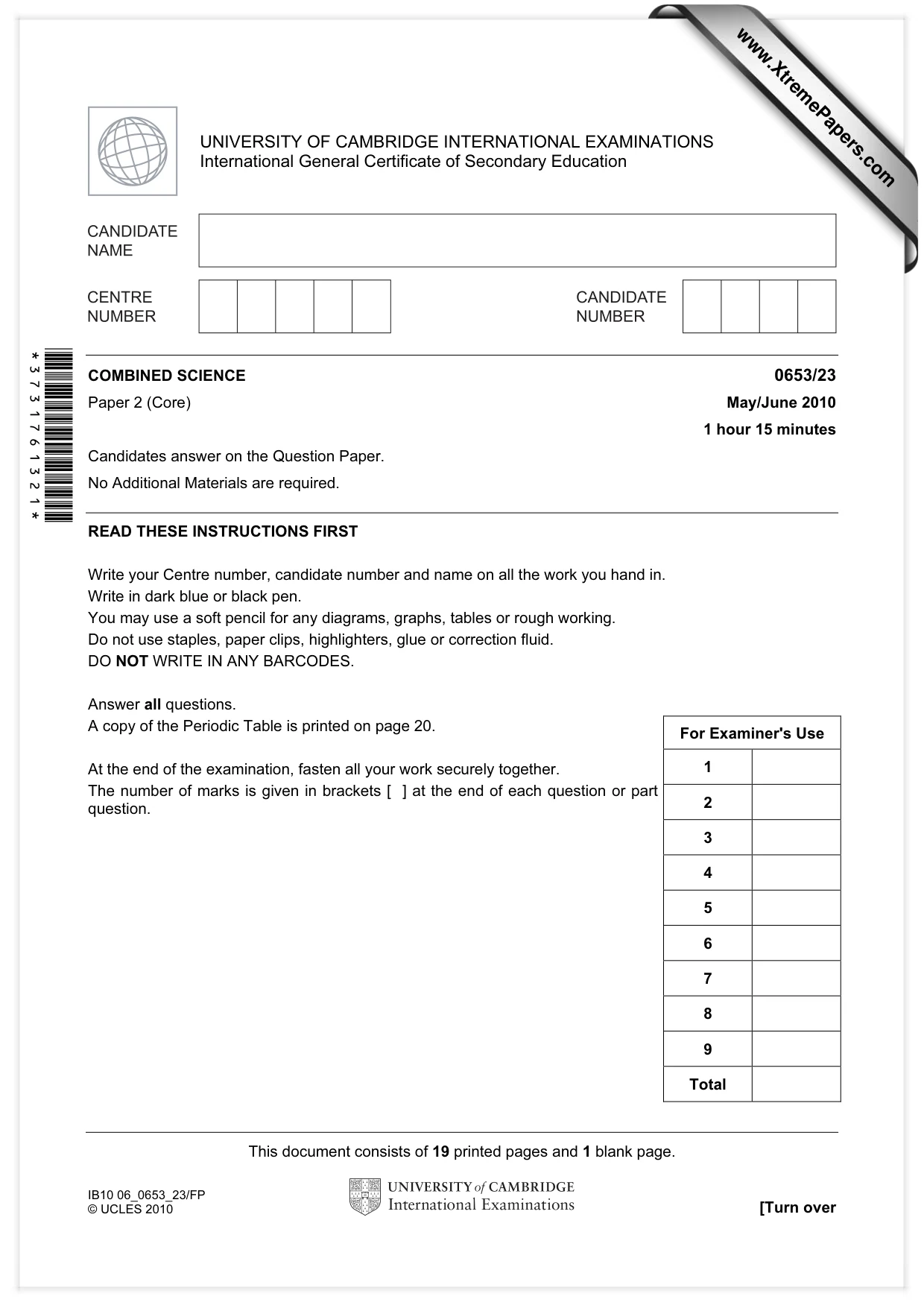 Cambridge IGCSE Science - Combined 0653 2010 May/June Paper 2 · Variant 3 question paper, page 1 of 20