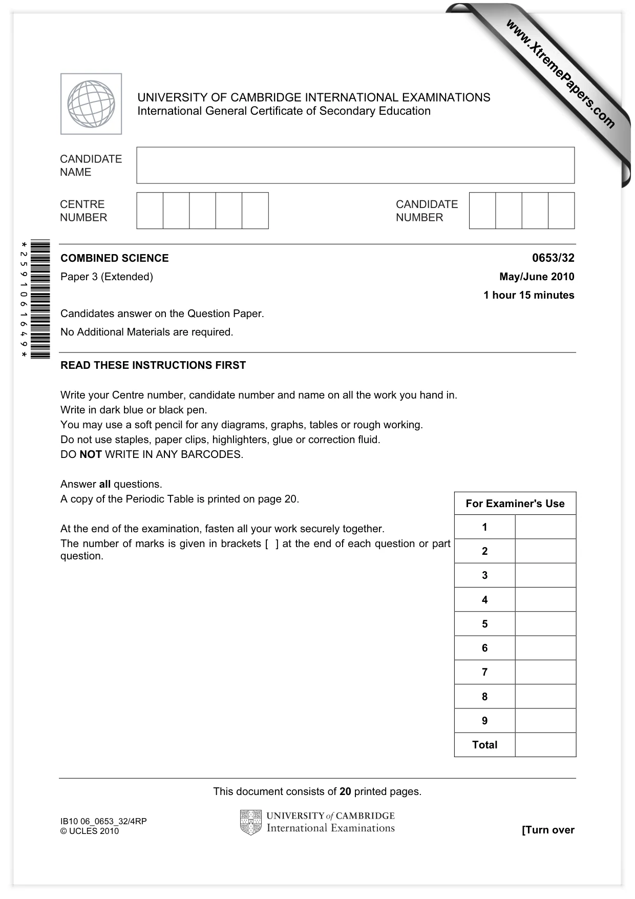 Cambridge IGCSE Science - Combined 0653 2010 May/June Paper 3 · Variant 2 question paper, page 1 of 20