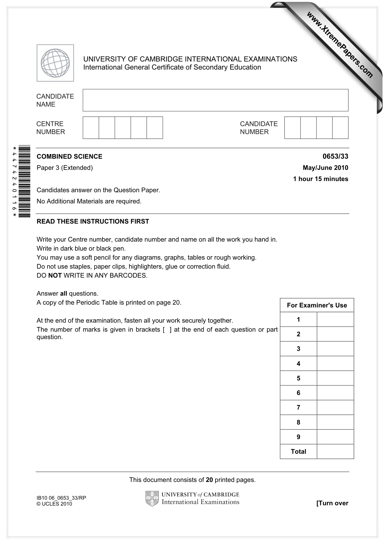 Cambridge IGCSE Science - Combined 0653 2010 May/June Paper 3 · Variant 3 question paper, page 1 of 20