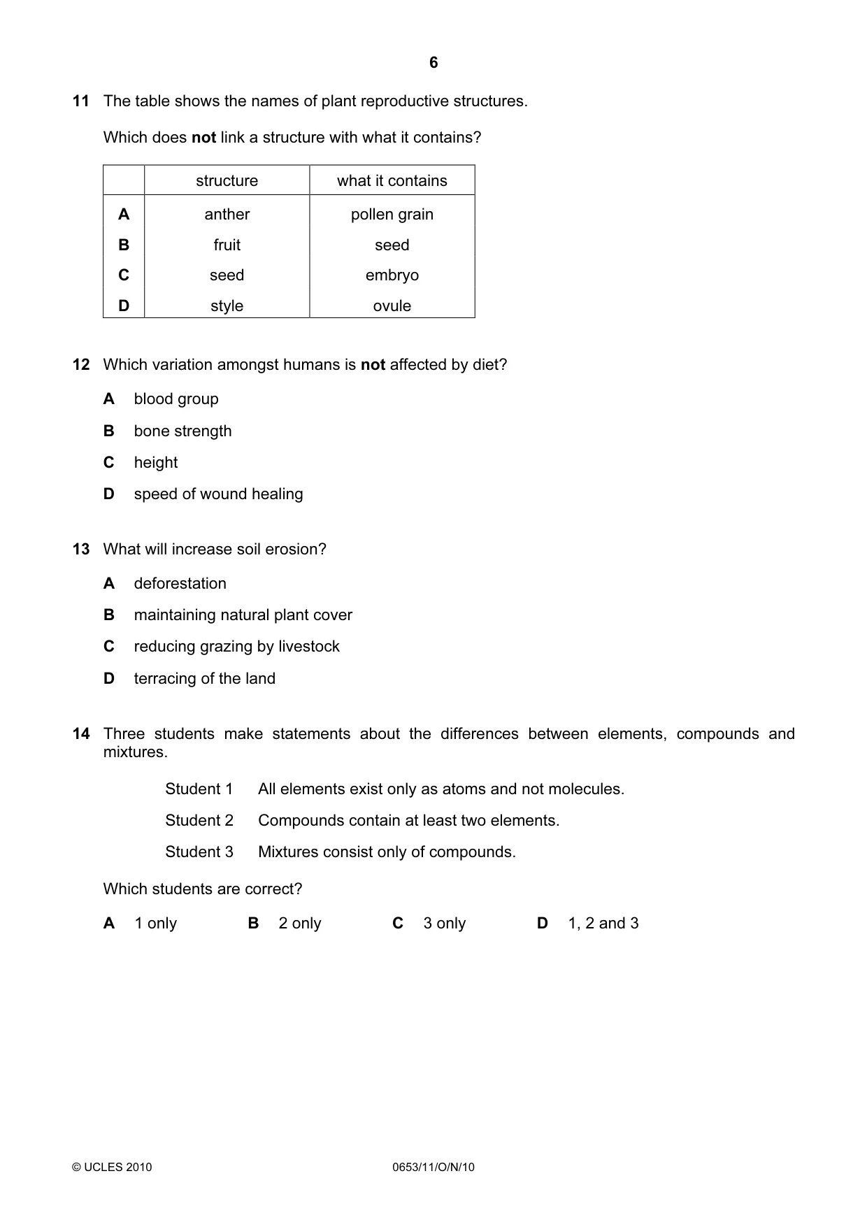 Cambridge IGCSE Science - Combined 0653 2010 Oct/Nov Paper 1 · Variant 1 question paper, page 6 of 20