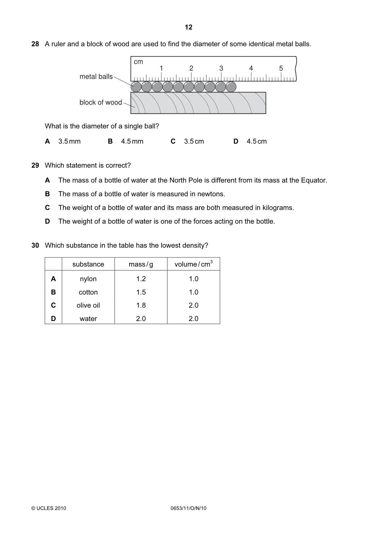 Cambridge IGCSE Science - Combined 0653 2010 Oct/Nov Paper 1 · Variant 1 question paper, page 12 of 20