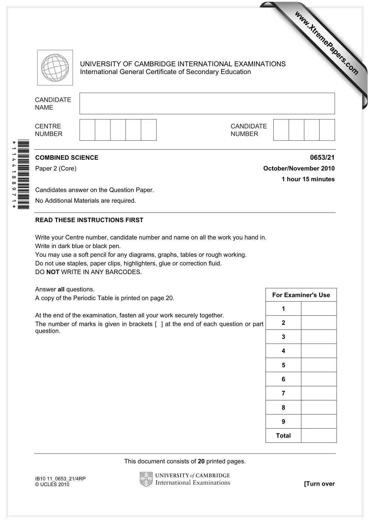 Cambridge IGCSE Science - Combined 0653 2010 Oct/Nov Paper 2 · Variant 1 question paper, page 1 of 20